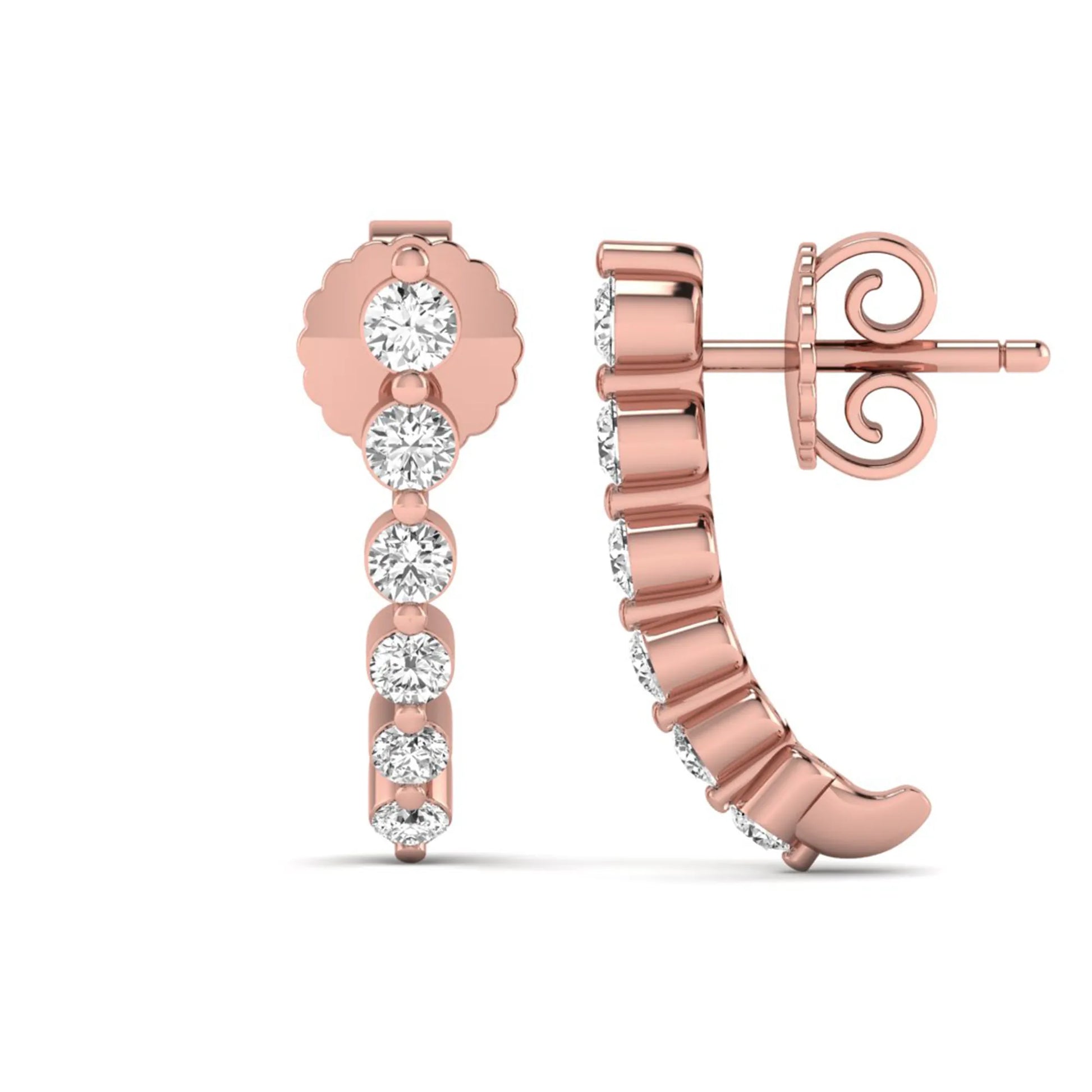 Round prong set lab grown diamond curved climber stud earrings featuring round cut diamonds in a rose gold finish with push back closure.