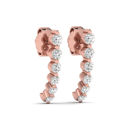 Round prong set lab grown diamond curved climber stud earrings featuring round cut diamonds in a rose gold finish with push back closure.