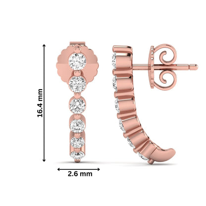 Round prong set lab grown diamond curved climber stud earrings featuring round cut diamonds in a rose gold finish with push back closure.