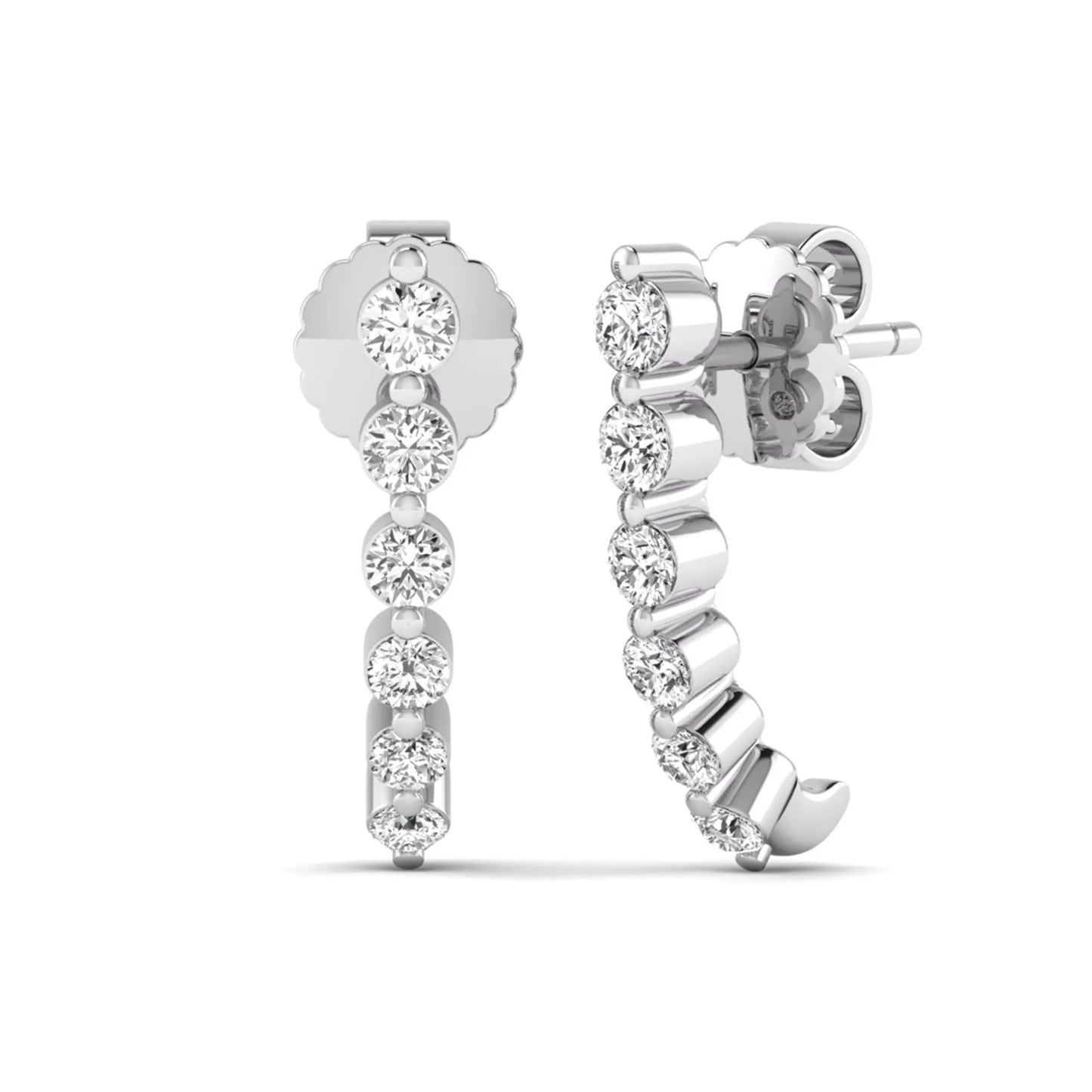 Round prong set lab grown diamond curved climber stud earrings featuring round cut diamonds in a white gold finish with push back closure.