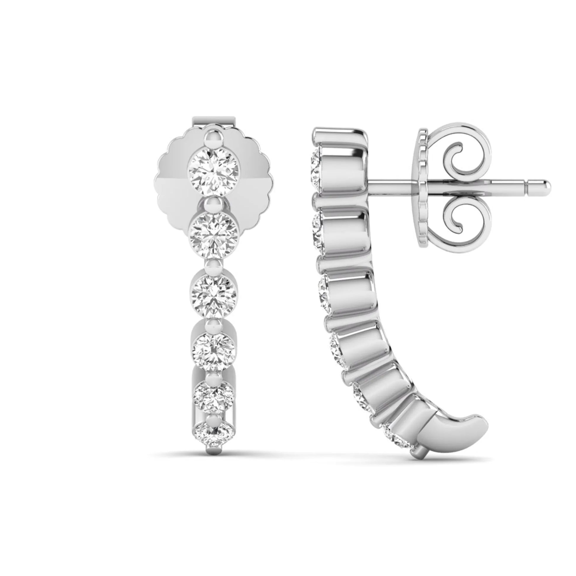Round prong set lab grown diamond curved climber stud earrings featuring round cut diamonds in a white gold finish with push back closure.