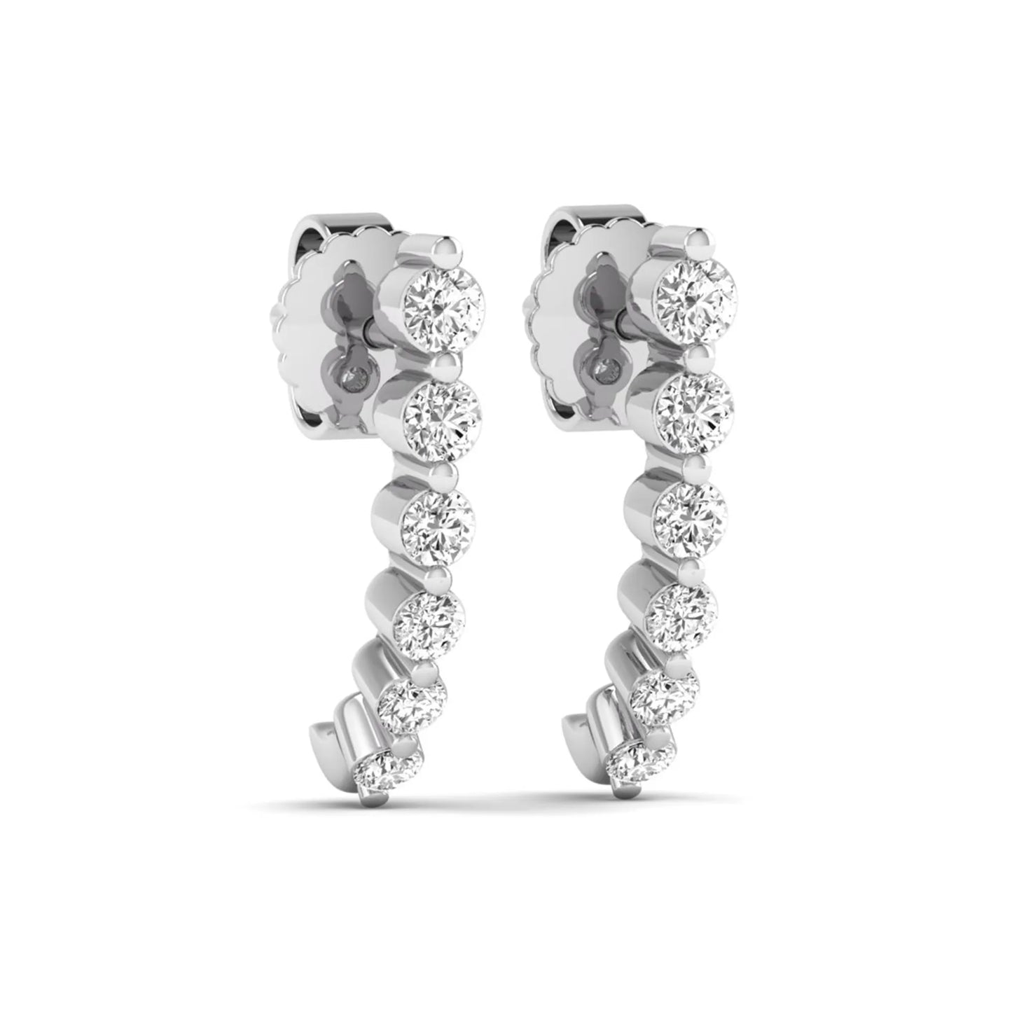 Round prong set lab grown diamond curved climber stud earrings featuring round cut diamonds in a white gold finish with push back closure.