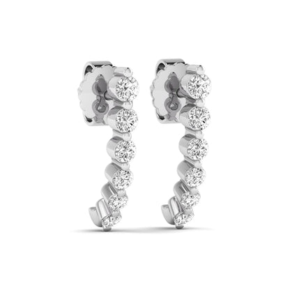 Round prong set lab grown diamond curved climber stud earrings featuring round cut diamonds in a white gold finish with push back closure.