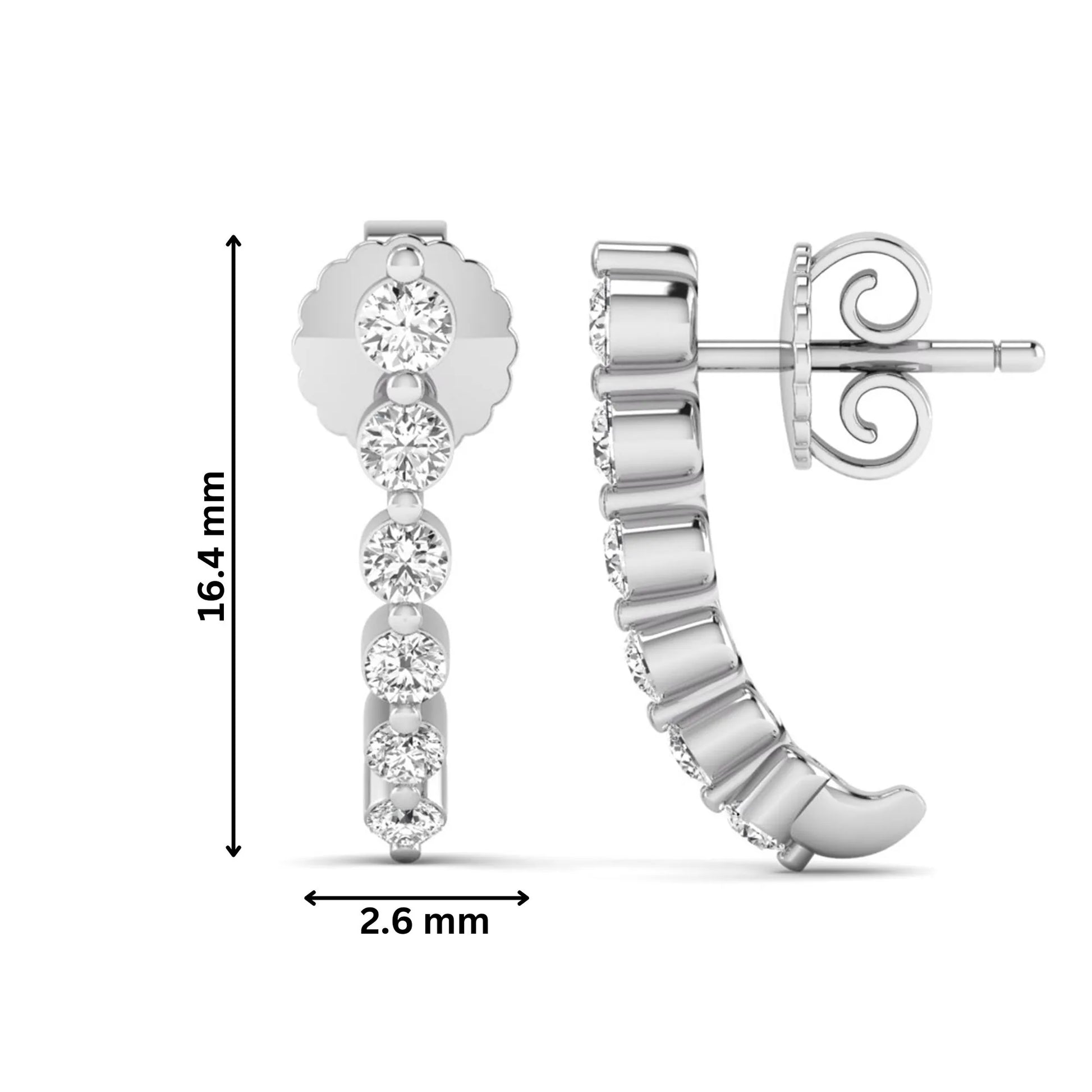 Round prong set lab grown diamond curved climber stud earrings featuring round cut diamonds in a white gold finish with push back closure.