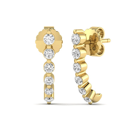 Round prong set lab grown diamond curved climber stud earrings featuring round cut diamonds in a yellow gold finish with push back closure.