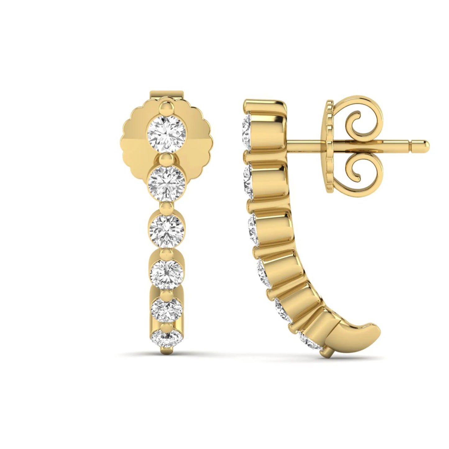Round prong set lab grown diamond curved climber stud earrings featuring round cut diamonds in a yellow gold finish with push back closure.