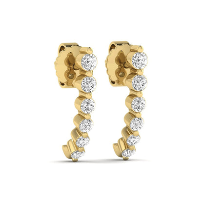 Round prong set lab grown diamond curved climber stud earrings featuring round cut diamonds in a yellow gold finish with push back closure.
