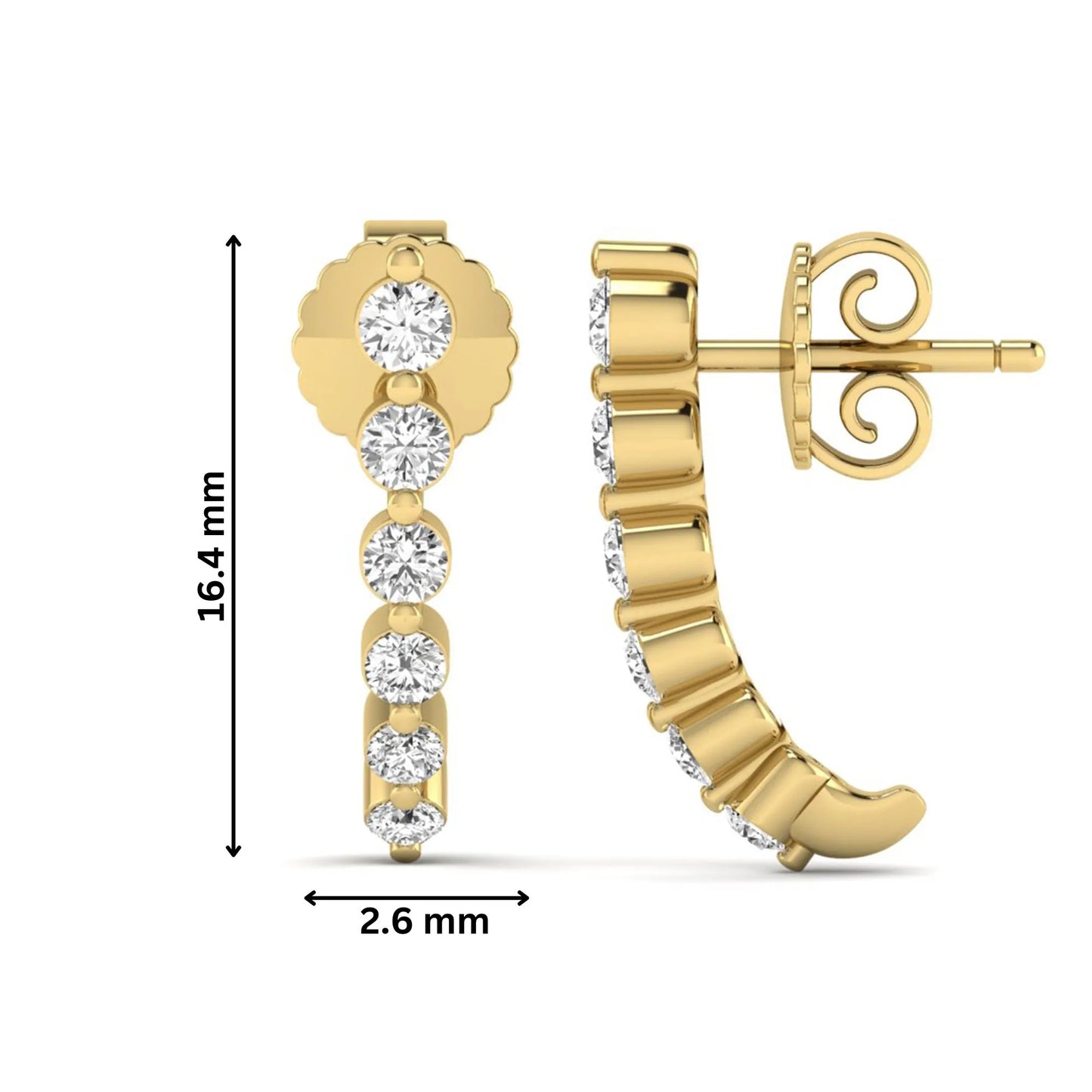 Round prong set lab grown diamond curved climber stud earrings featuring round cut diamonds in a yellow gold finish with push back closure.