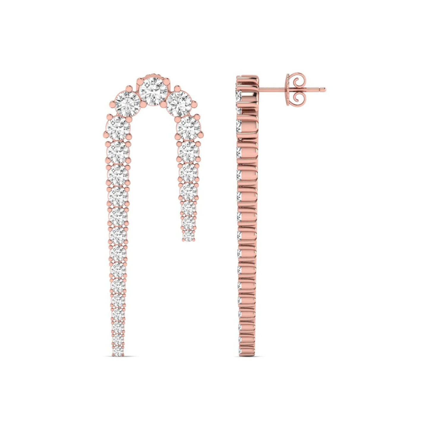 Round prong set lab grown diamond curved crawler earrings featuring graduating round diamonds in a rose gold tone with push back closure.