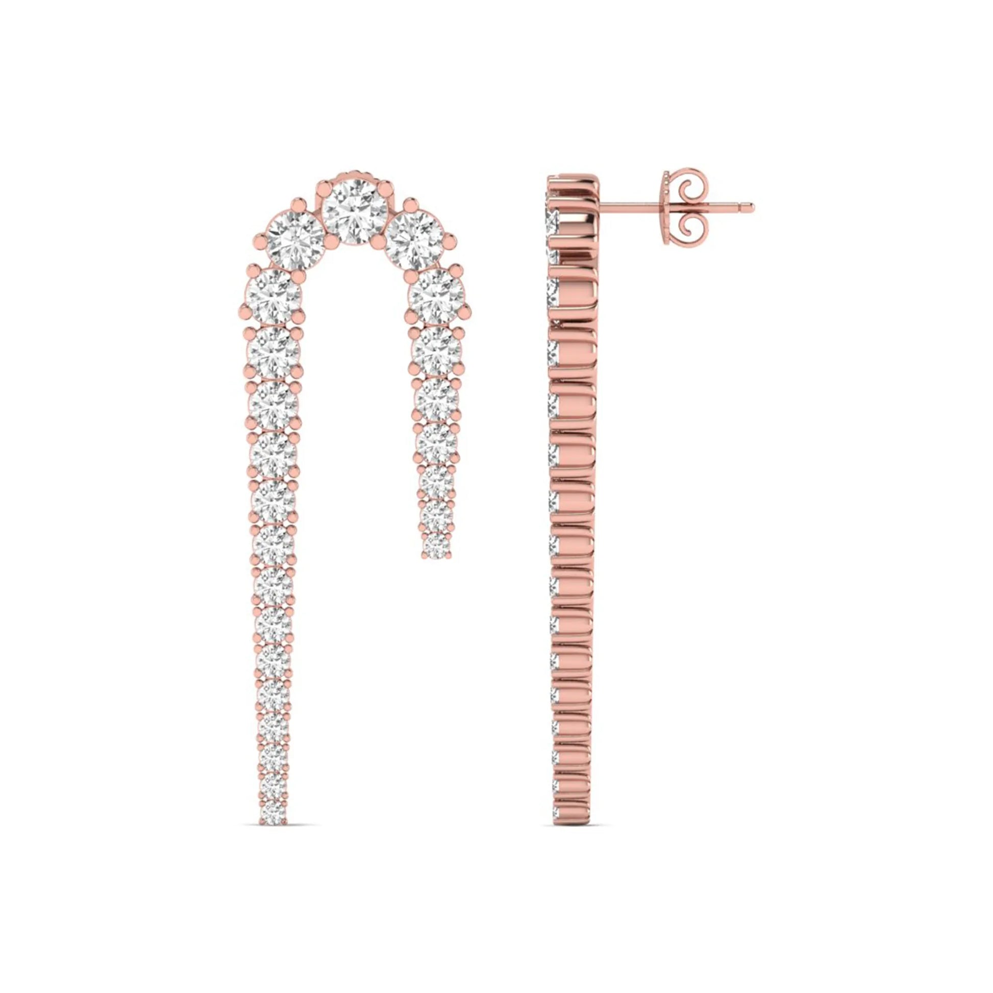 Round prong set lab grown diamond curved crawler earrings featuring graduating round diamonds in a rose gold tone with push back closure.