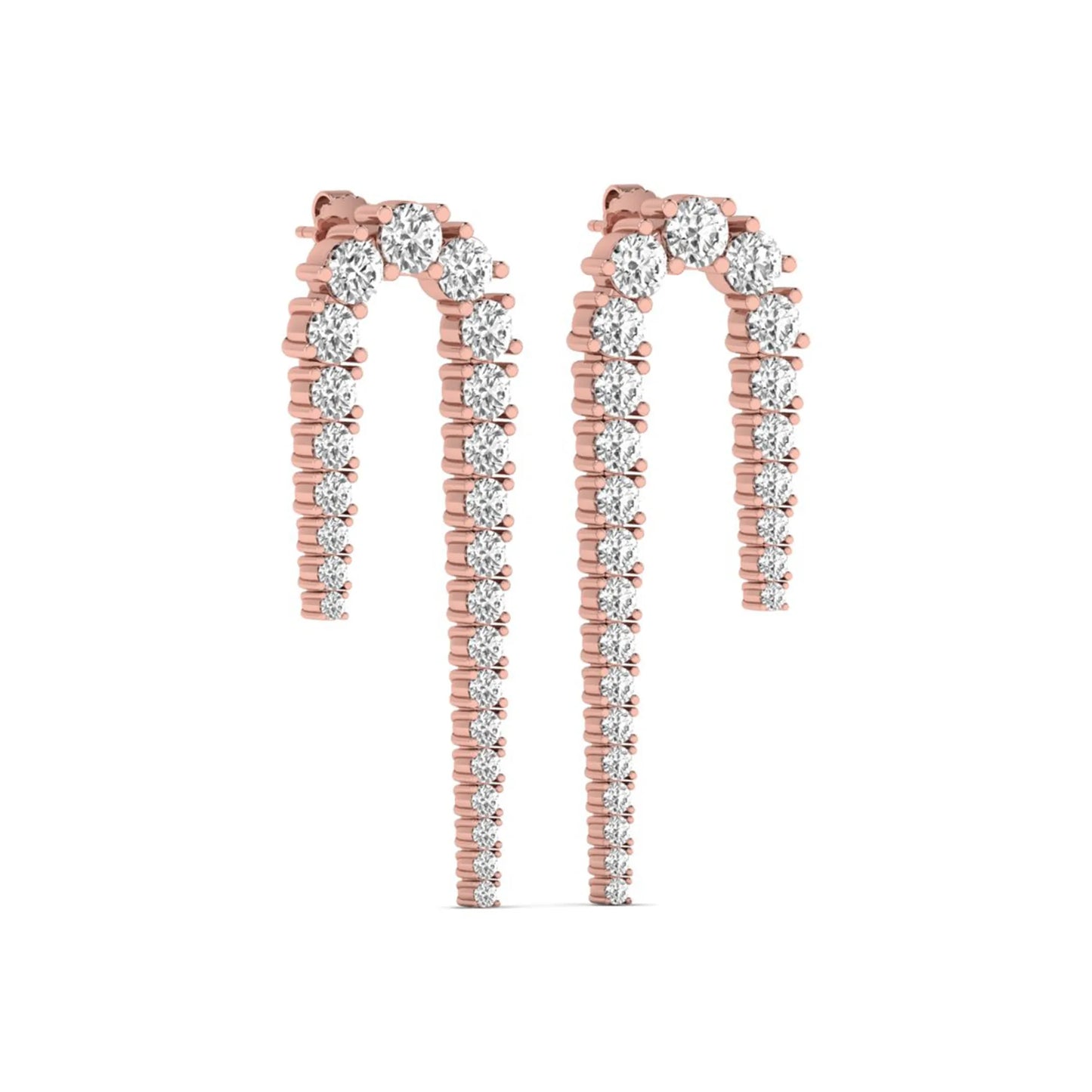 Round prong set lab grown diamond curved crawler earrings featuring graduating round diamonds in a rose gold tone with push back closure.