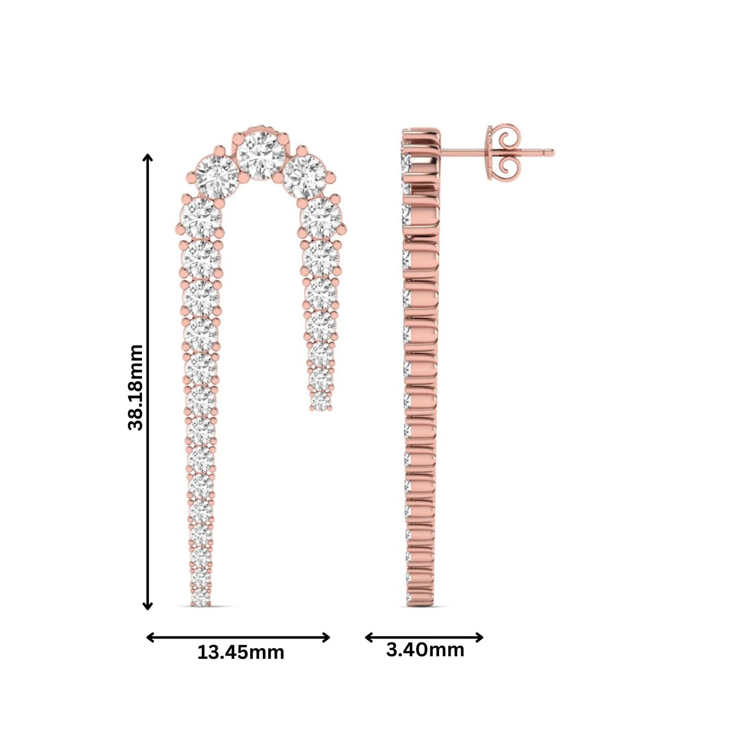 Round prong set lab grown diamond curved crawler earrings featuring graduating round diamonds in a rose gold tone with push back closure.