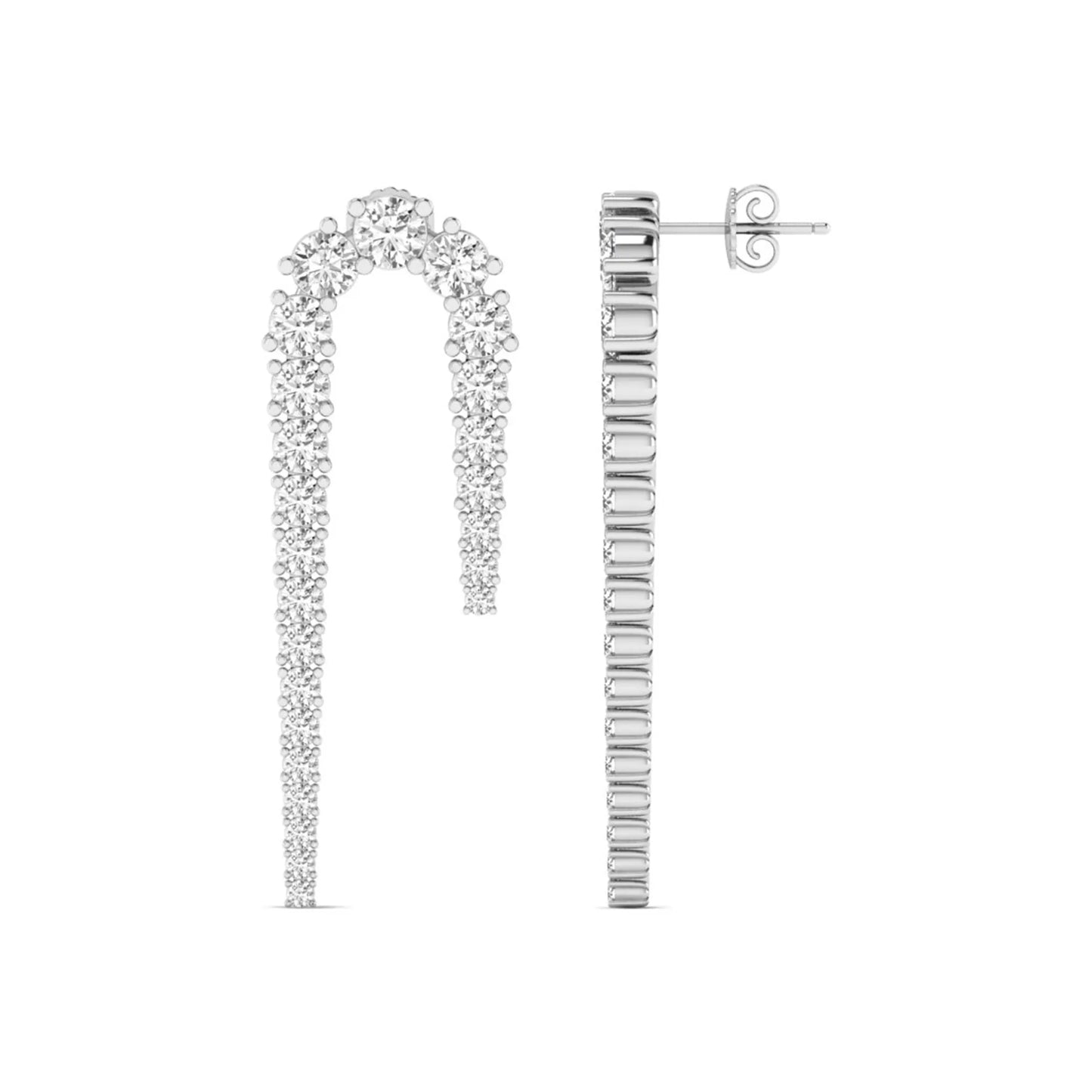 Round prong set lab grown diamond curved crawler earrings featuring graduating round diamonds in a white gold tone with push back closure.