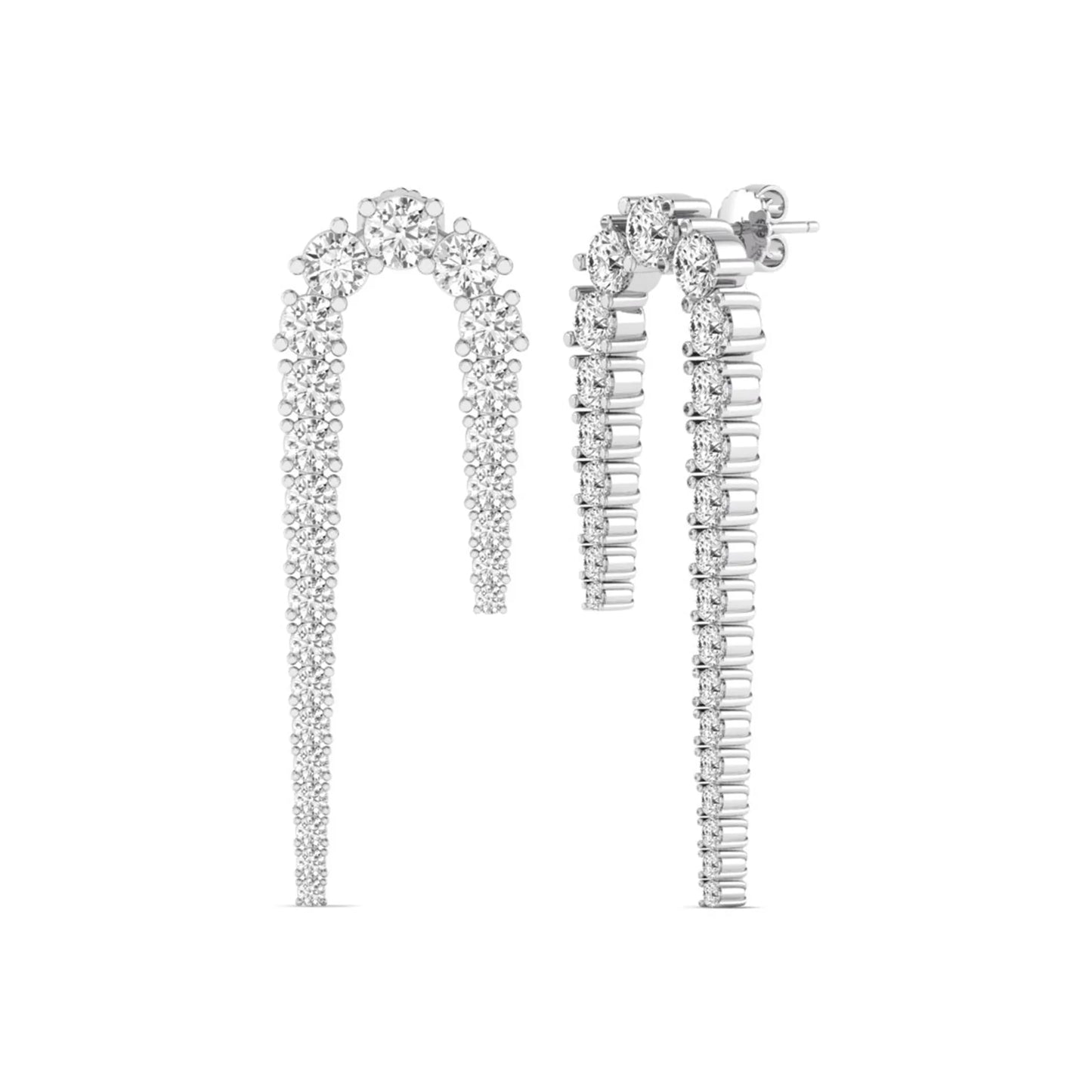 Round prong set lab grown diamond curved crawler earrings featuring graduating round diamonds in a white gold tone with push back closure.