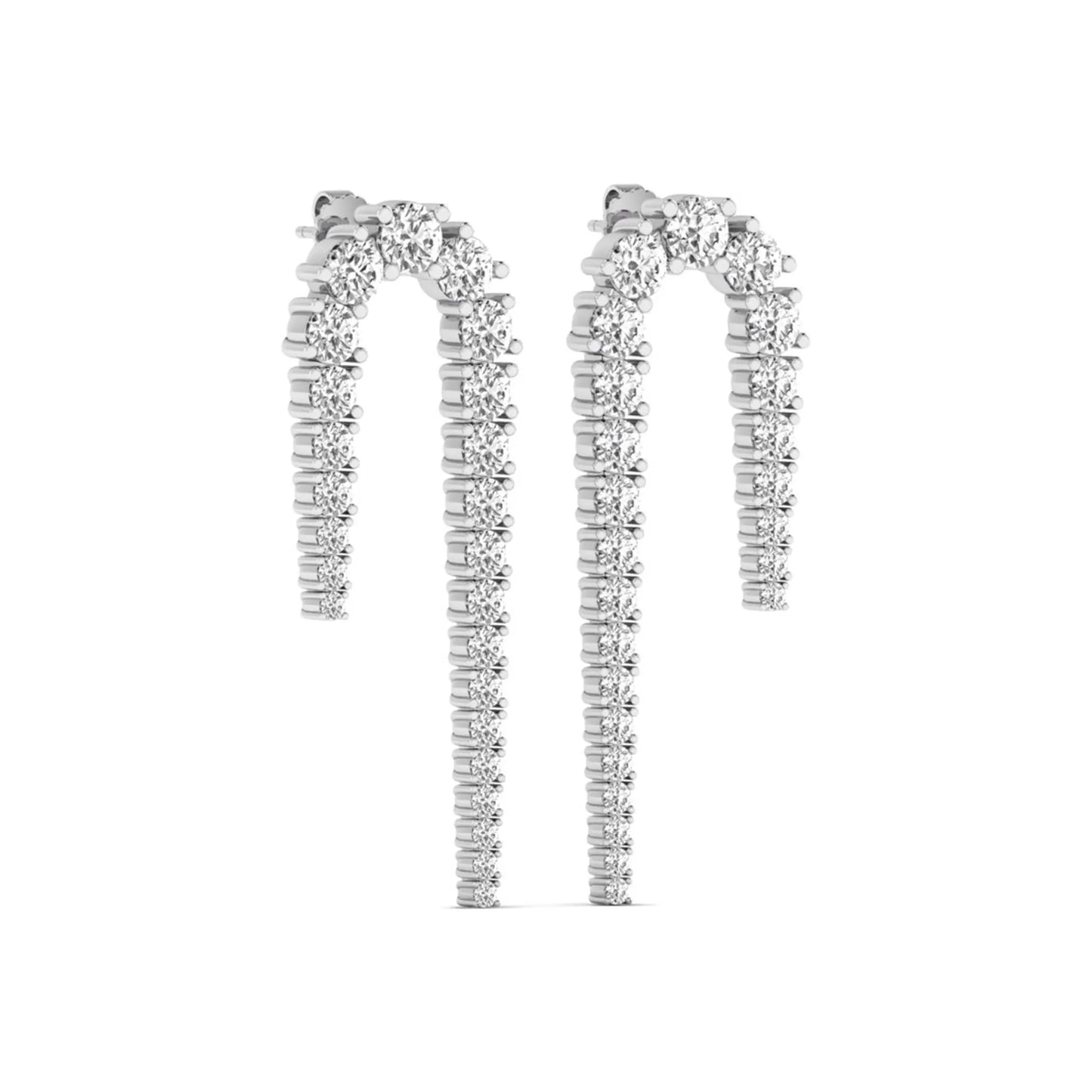 Round prong set lab grown diamond curved crawler earrings featuring graduating round diamonds in a white gold tone with push back closure.