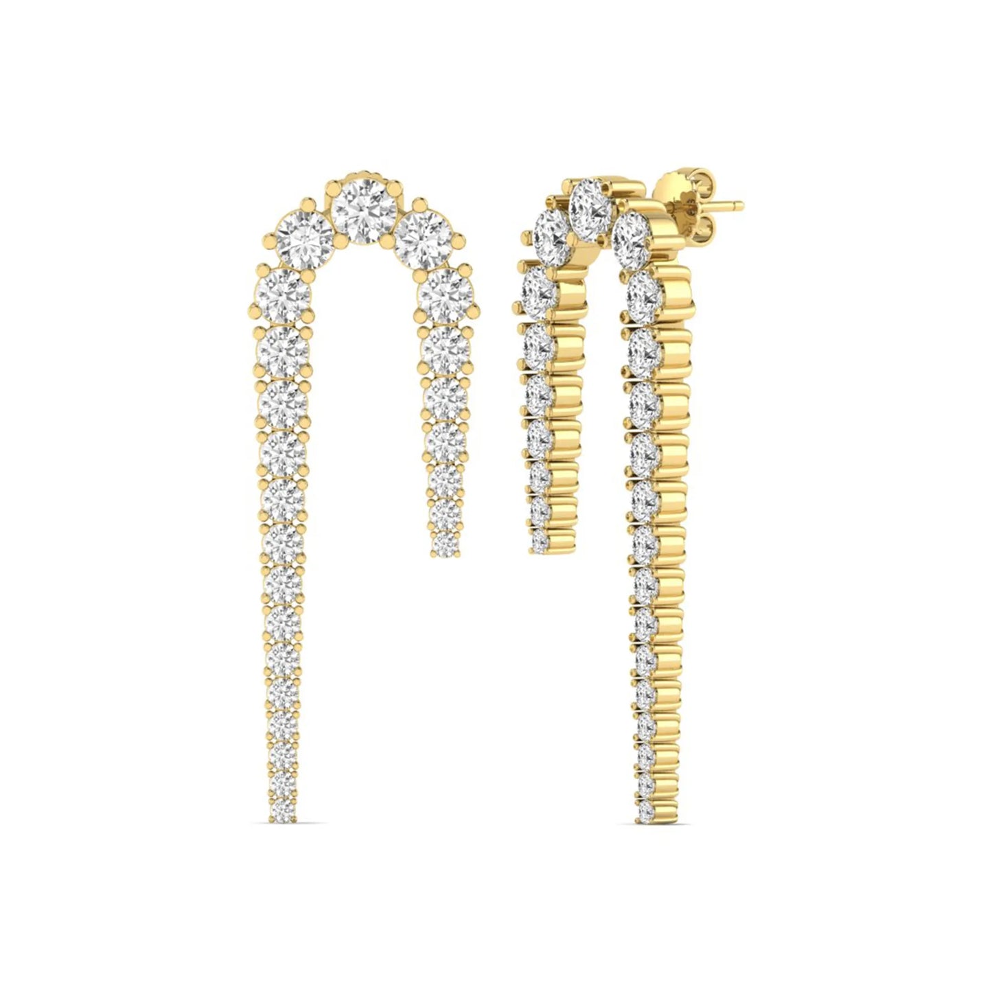 Round prong set lab grown diamond curved crawler earrings featuring graduating round diamonds in a yellow gold tone with push back closure.