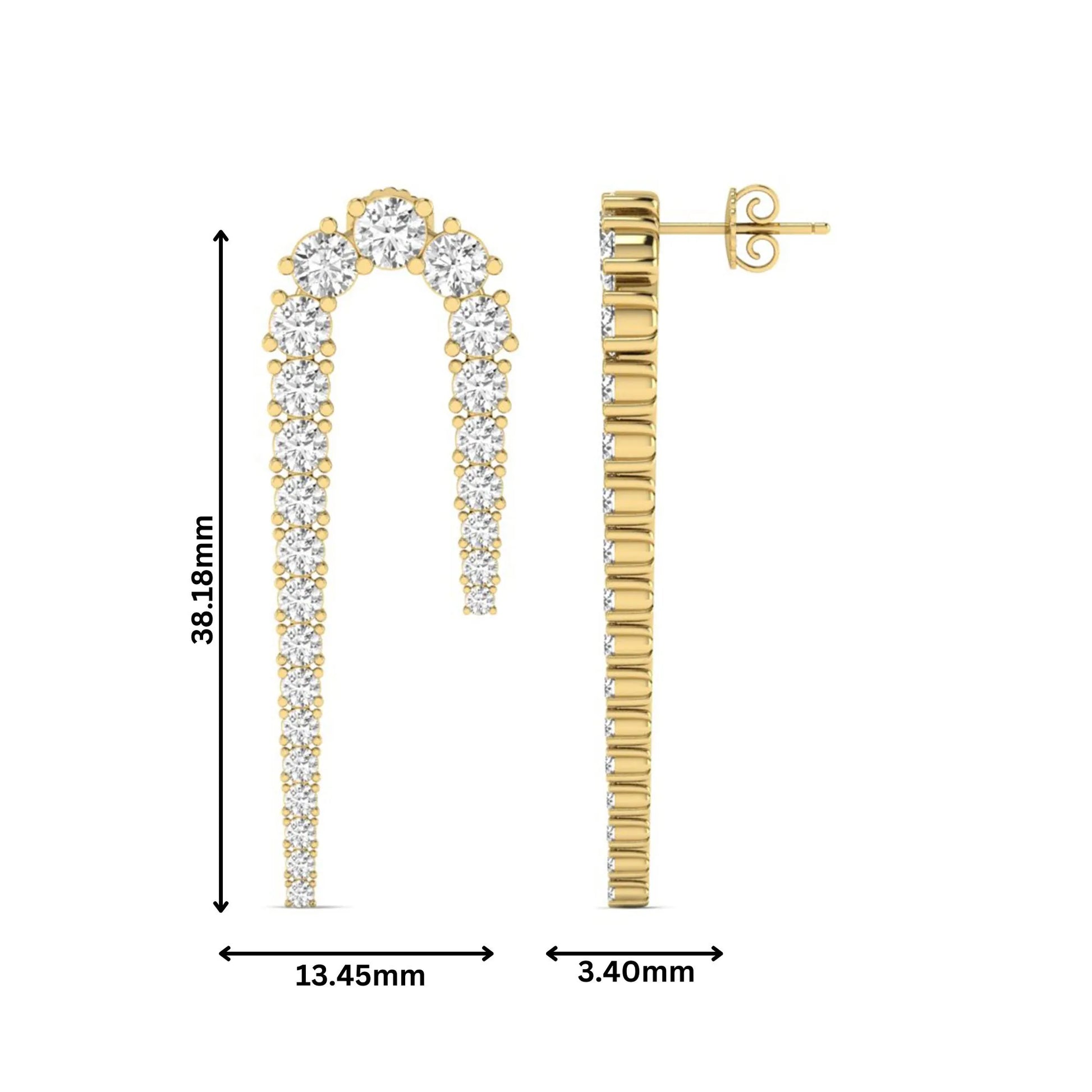 Round prong set lab grown diamond curved crawler earrings featuring graduating round diamonds in a yellow gold tone with push back closure.