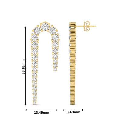 Round prong set lab grown diamond curved crawler earrings featuring graduating round diamonds in a yellow gold tone with push back closure.