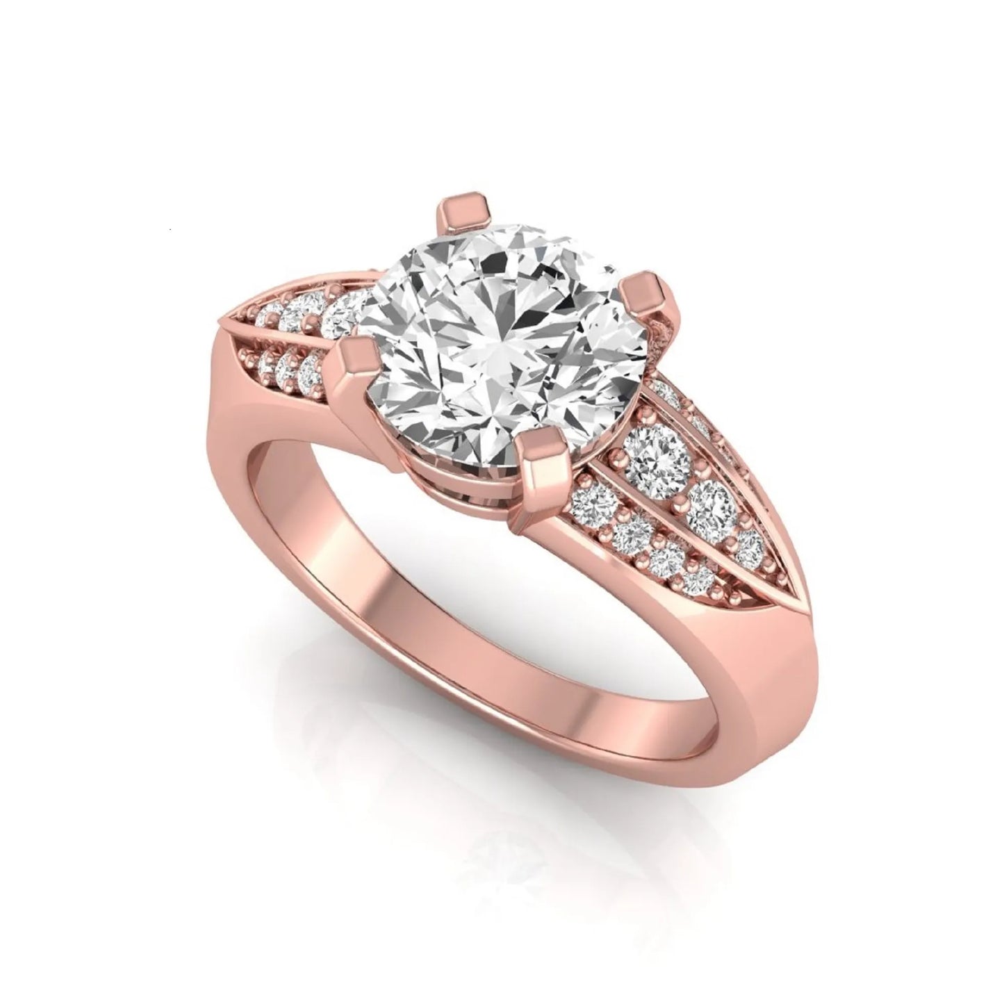 Round prong set lab grown diamond engagement ring featuring a 2.00 carat round center diamond with round accent diamonds in an elegant split shank design in rose gold