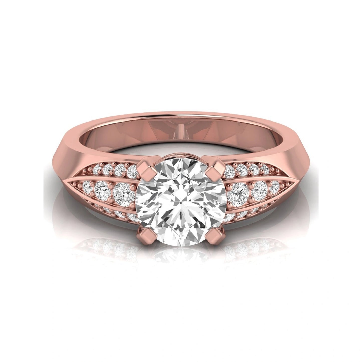 Round prong set lab grown diamond engagement ring featuring a 2.00 carat round center diamond with round accent diamonds in an elegant split shank design in rose gold