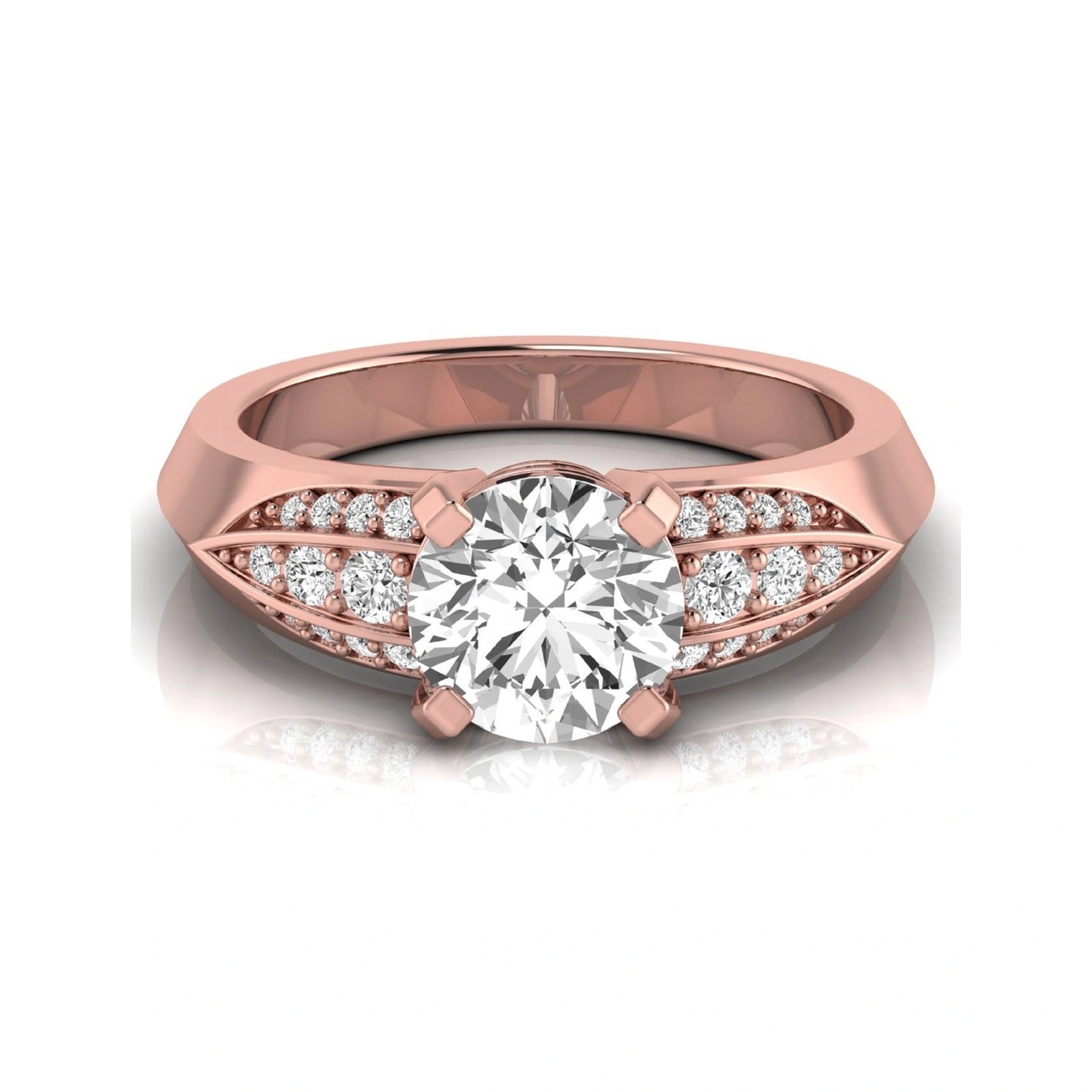 Round prong set lab grown diamond engagement ring featuring a 2.00 carat round center diamond with round accent diamonds in an elegant split shank design in rose gold