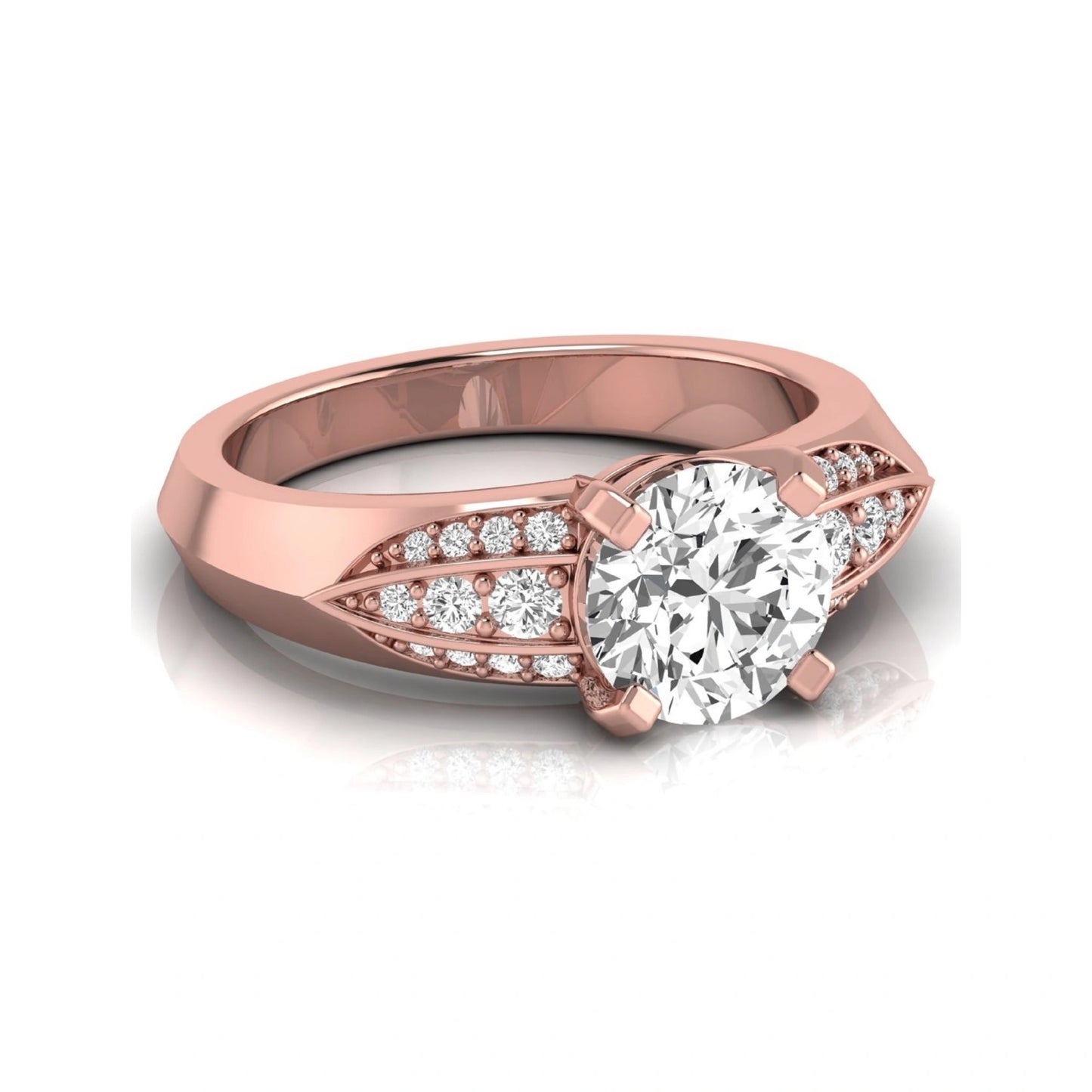 Round prong set lab grown diamond engagement ring featuring a 2.00 carat round center diamond with round accent diamonds in an elegant split shank design in rose gold