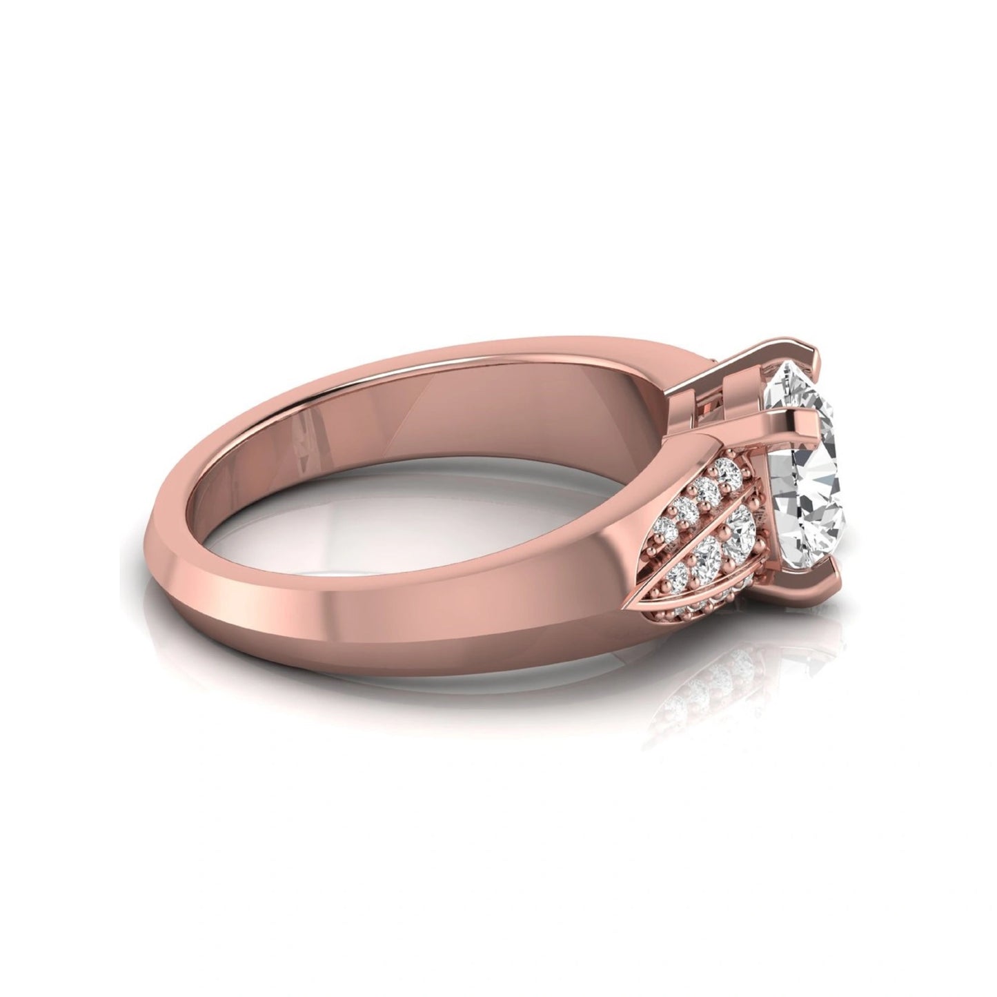 Round prong set lab grown diamond engagement ring featuring a 2.00 carat round center diamond with round accent diamonds in an elegant split shank design in rose gold