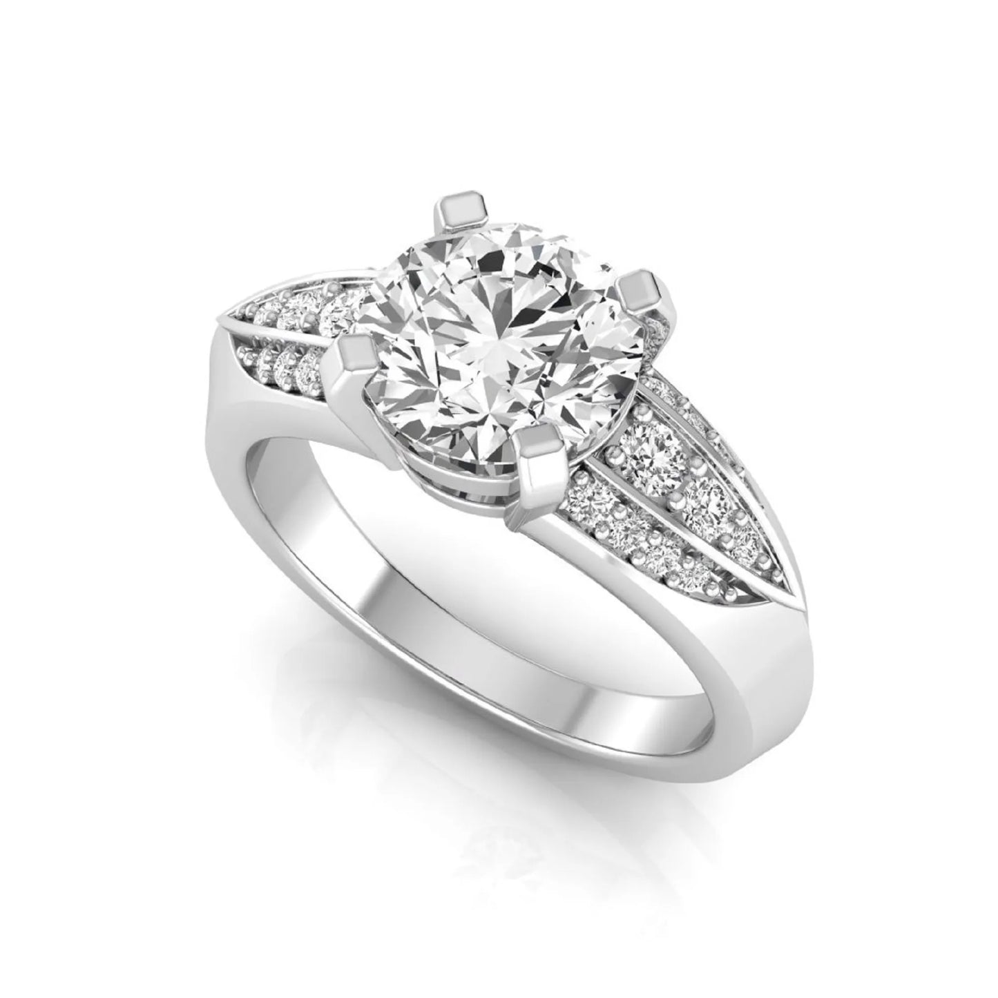 Round prong set lab grown diamond engagement ring featuring a 2.00 carat round center diamond with round accent diamonds in an elegant split shank design in white gold
