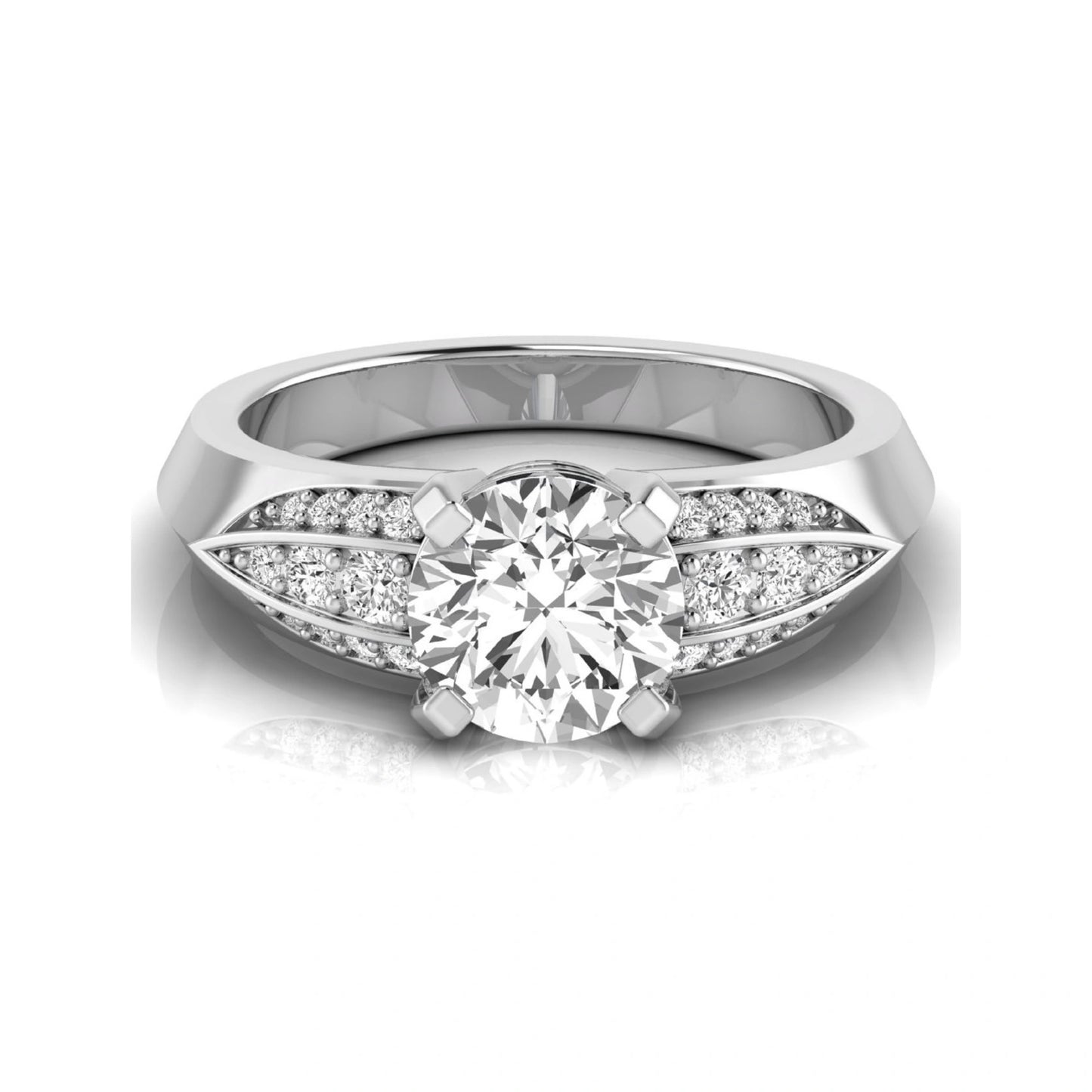 Round prong set lab grown diamond engagement ring featuring a 2.00 carat round center diamond with round accent diamonds in an elegant split shank design in white gold
