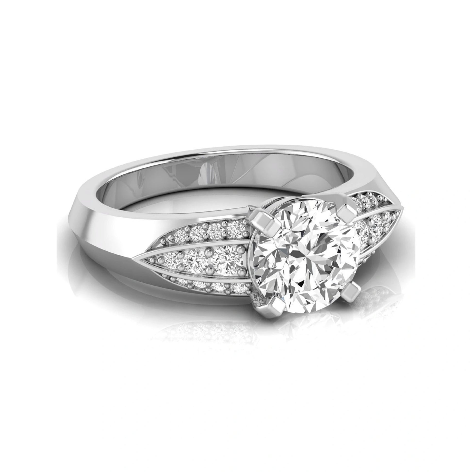 Round prong set lab grown diamond engagement ring featuring a 2.00 carat round center diamond with round accent diamonds in an elegant split shank design in white gold