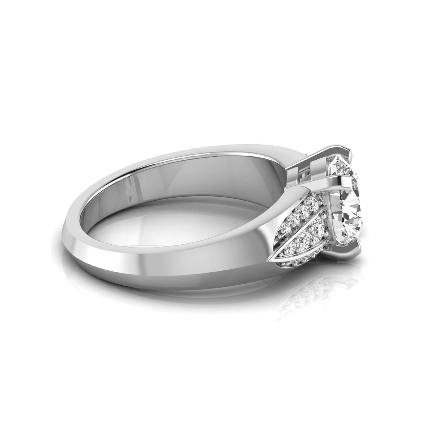 Round prong set lab grown diamond engagement ring featuring a 2.00 carat round center diamond with round accent diamonds in an elegant split shank design in white gold