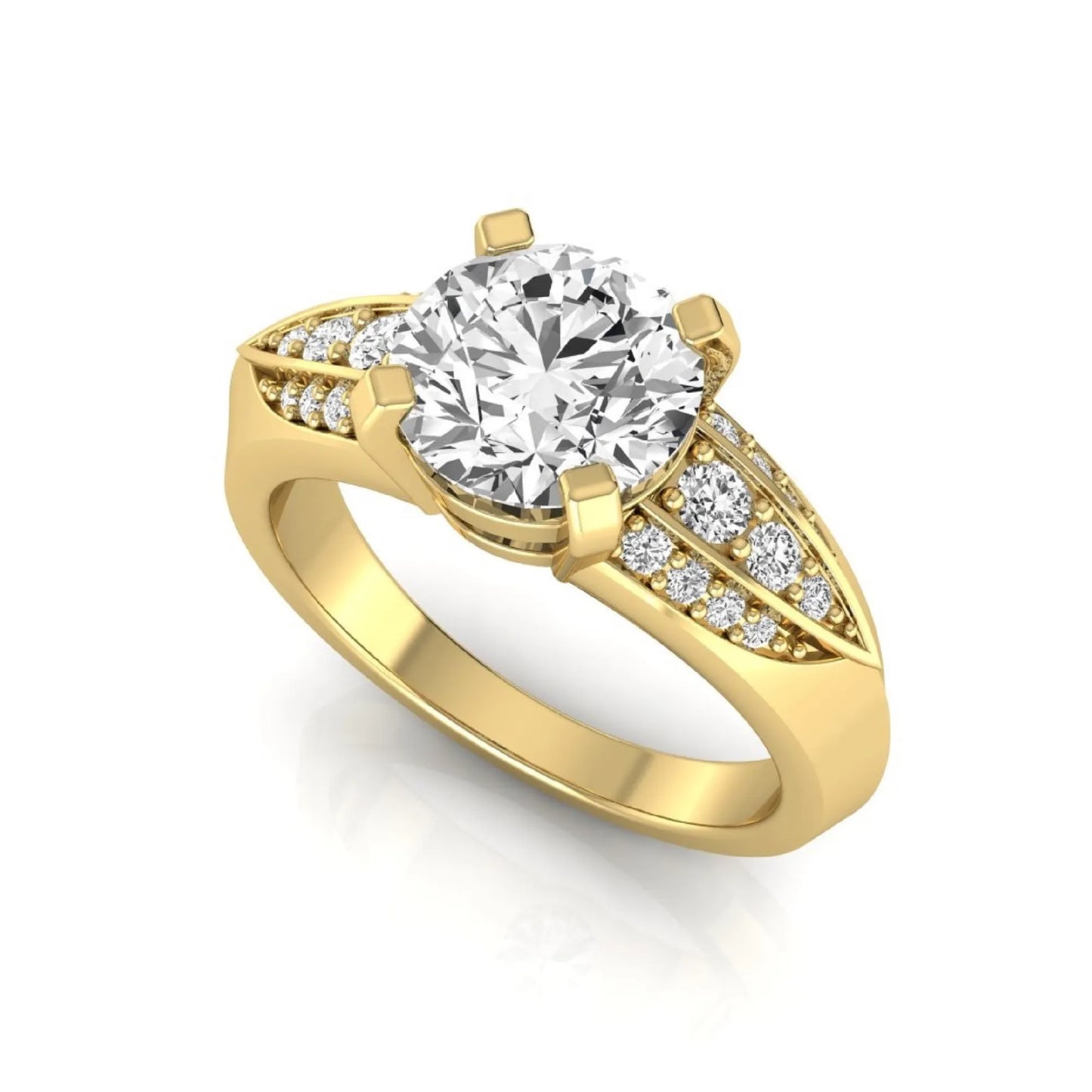Round prong set lab grown diamond engagement ring featuring a 2.00 carat round center diamond with round accent diamonds in an elegant split shank design in yellow gold