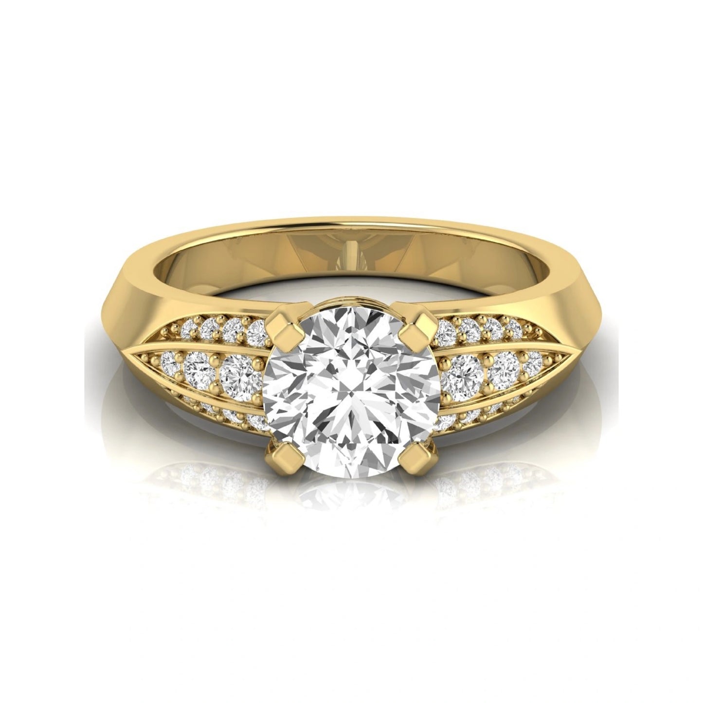 Round prong set lab grown diamond engagement ring featuring a 2.00 carat round center diamond with round accent diamonds in an elegant split shank design in yellow gold