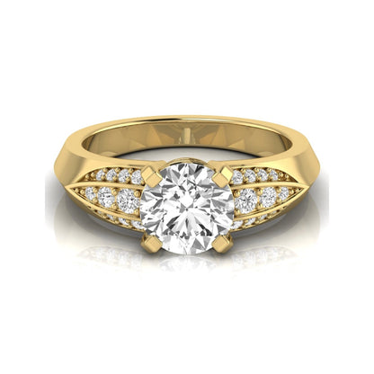 Round prong set lab grown diamond engagement ring featuring a 2.00 carat round center diamond with round accent diamonds in an elegant split shank design in yellow gold