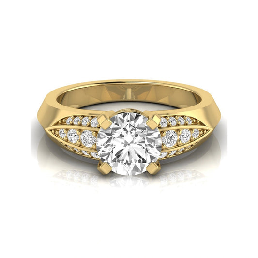 Round prong set lab grown diamond engagement ring featuring a 2.00 carat round center diamond with round accent diamonds in an elegant split shank design in yellow gold