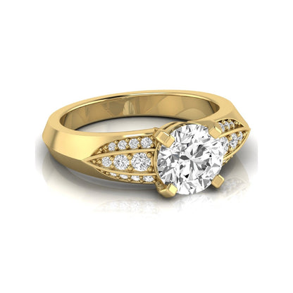 Round prong set lab grown diamond engagement ring featuring a 2.00 carat round center diamond with round accent diamonds in an elegant split shank design in yellow gold