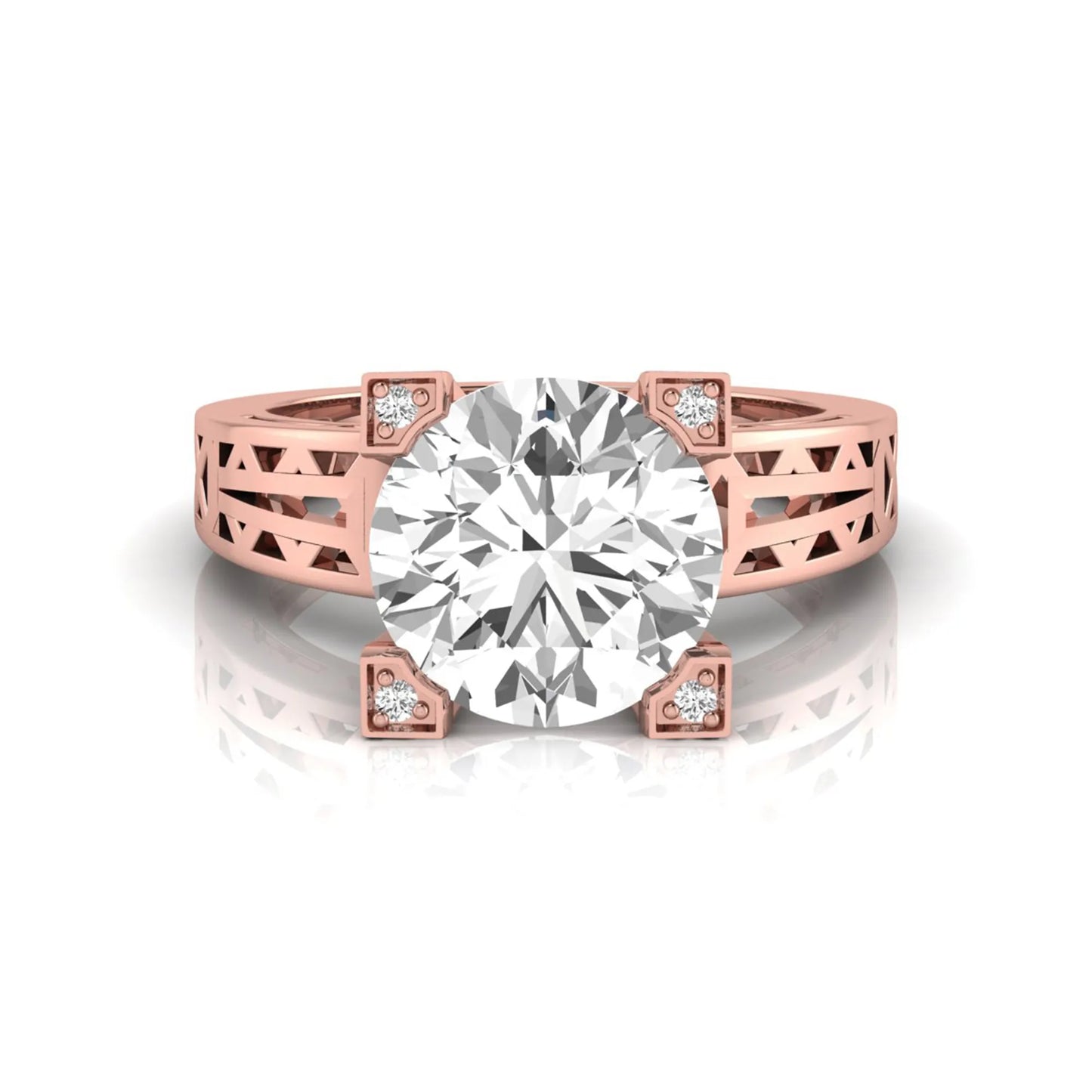 Round cut lab grown diamond engagement ring featuring a four-prong setting with round accent diamonds and a geometric rose gold style openwork band.
