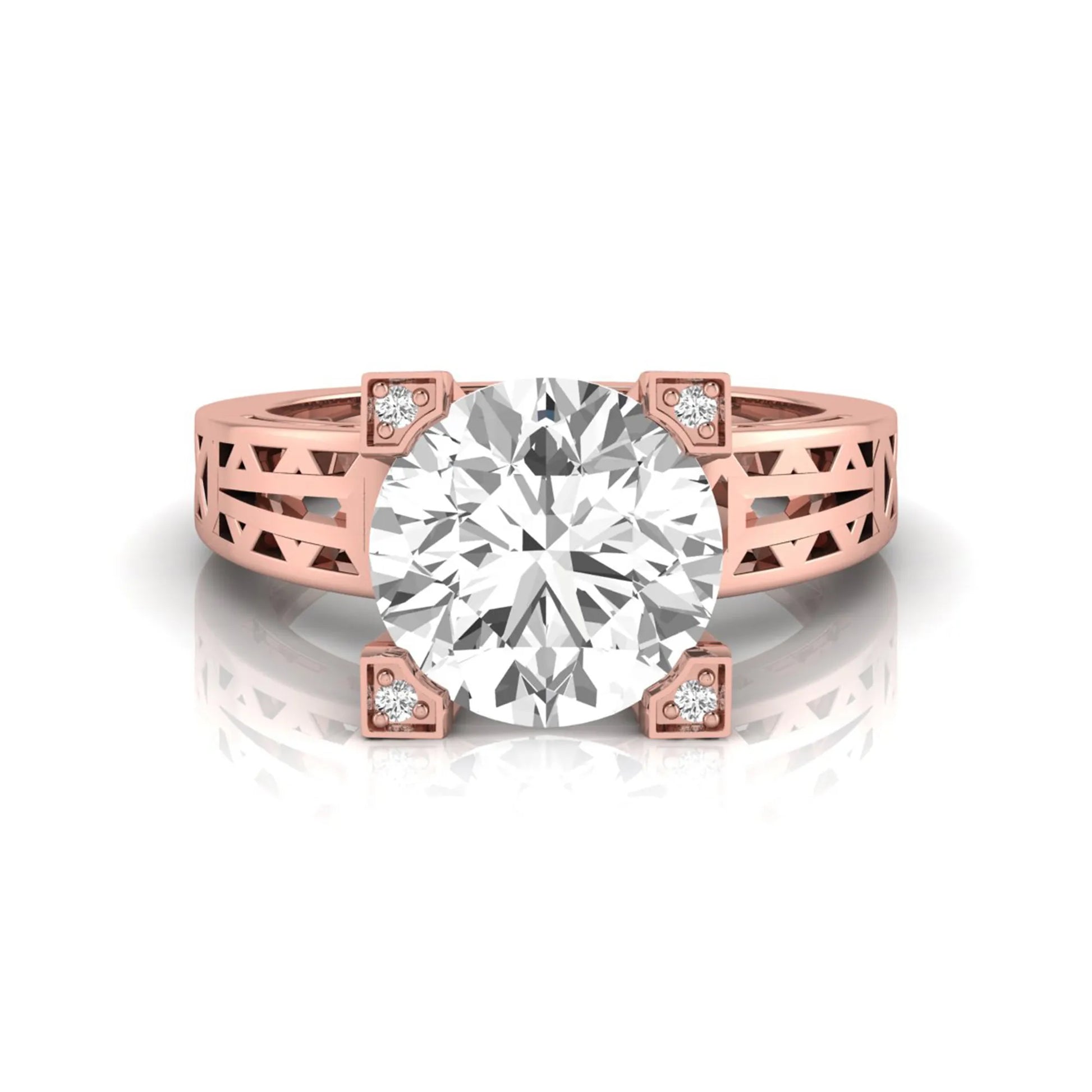 Round cut lab grown diamond engagement ring featuring a four-prong setting with round accent diamonds and a geometric rose gold style openwork band.