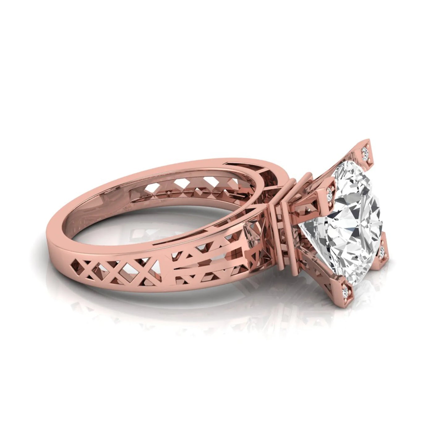 Round cut lab grown diamond engagement ring featuring a four-prong setting with round accent diamonds and a geometric rose gold style openwork band.