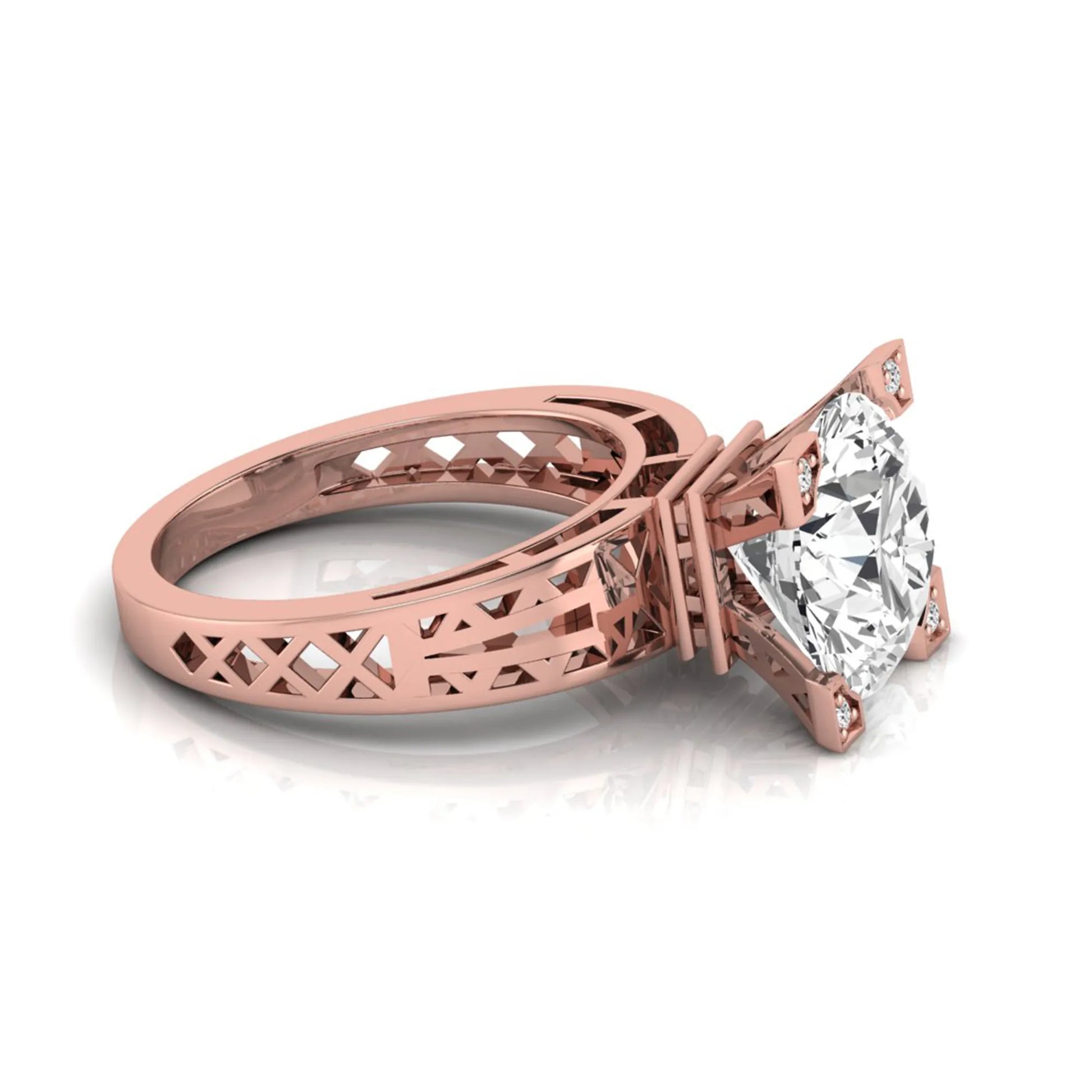 Round cut lab grown diamond engagement ring featuring a four-prong setting with round accent diamonds and a geometric rose gold style openwork band.