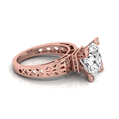 Round cut lab grown diamond engagement ring featuring a four-prong setting with round accent diamonds and a geometric rose gold style openwork band.