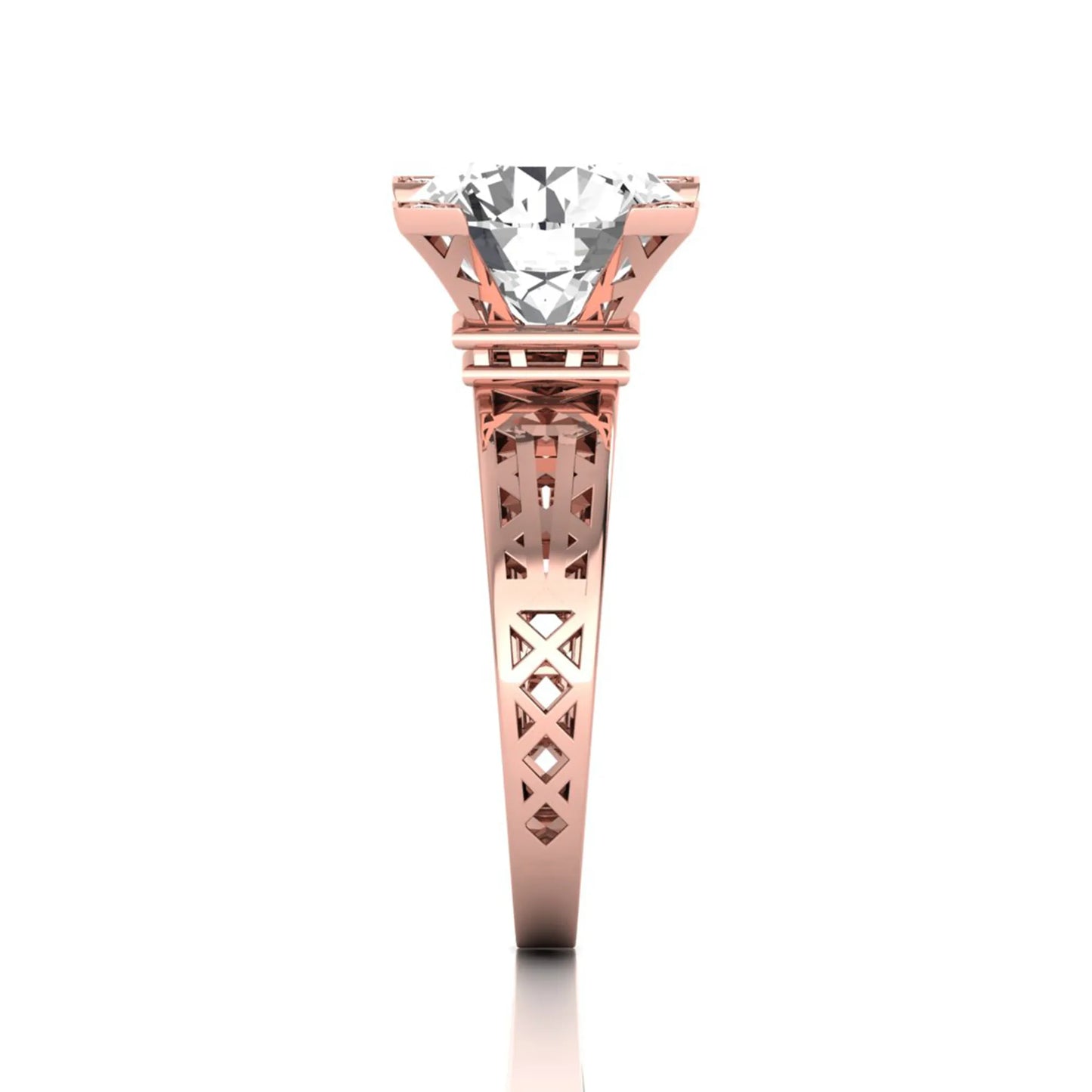 Round cut lab grown diamond engagement ring featuring a four-prong setting with round accent diamonds and a geometric rose gold style openwork band.