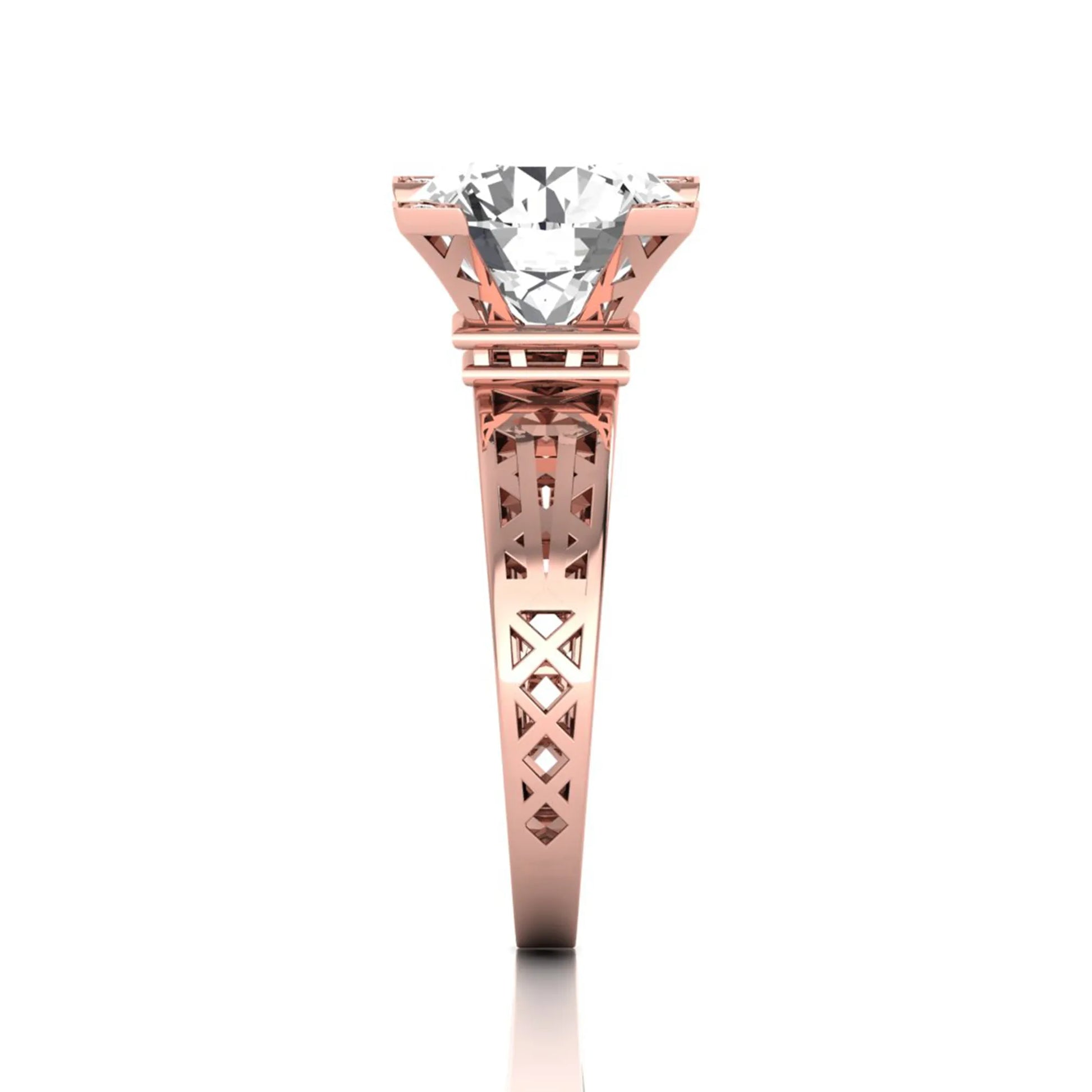 Round cut lab grown diamond engagement ring featuring a four-prong setting with round accent diamonds and a geometric rose gold style openwork band.