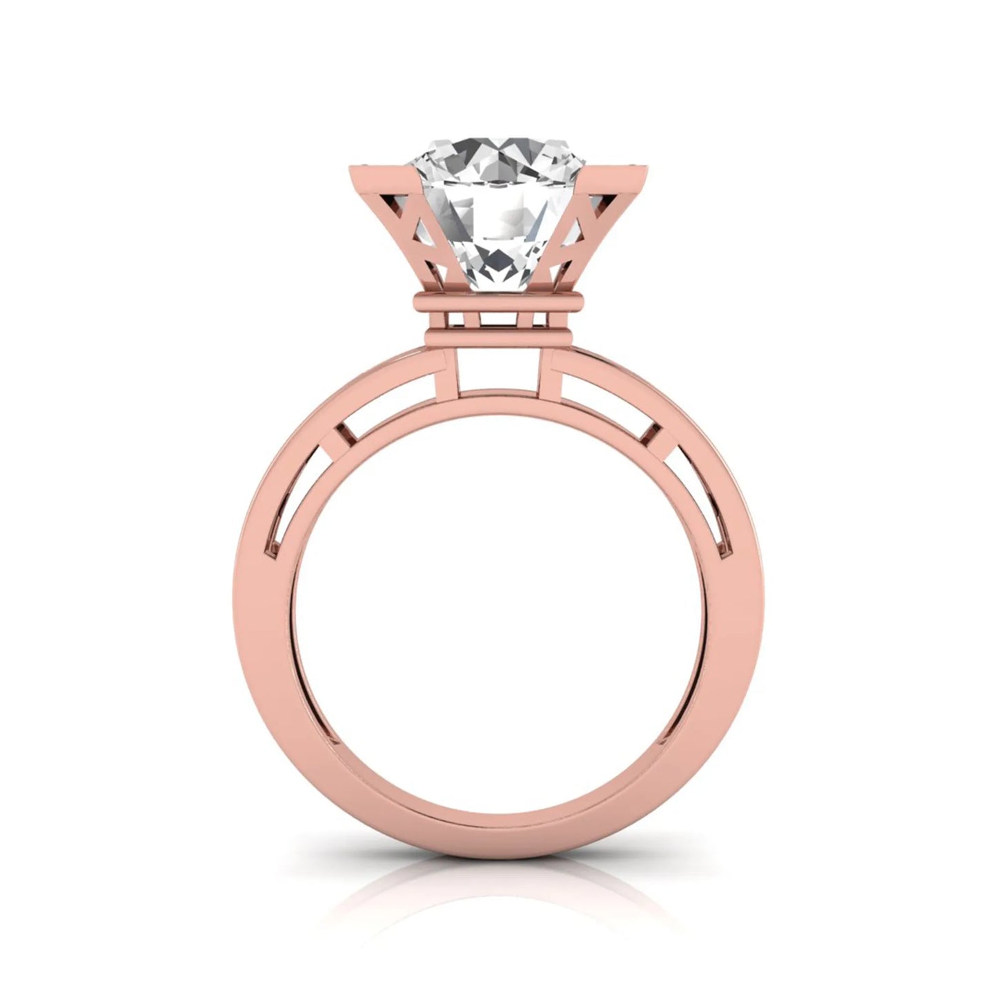 Round cut lab grown diamond engagement ring featuring a four-prong setting with round accent diamonds and a geometric rose gold style openwork band.