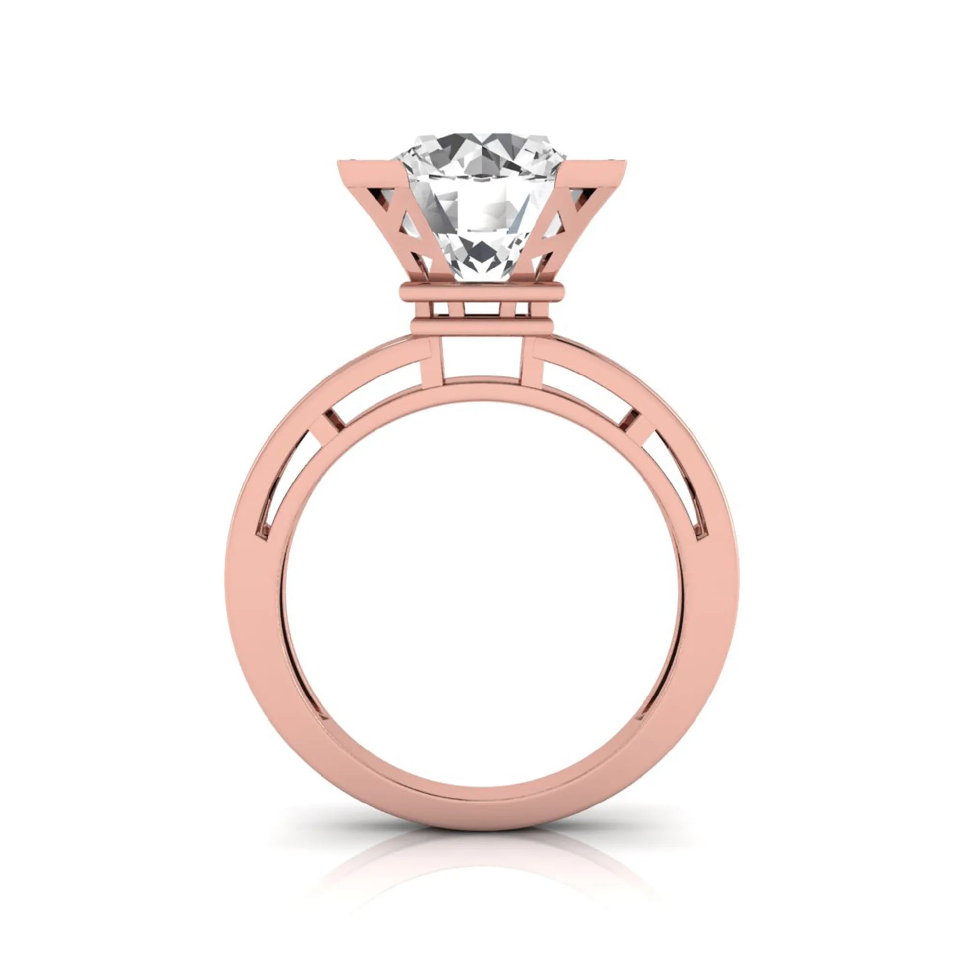 Round cut lab grown diamond engagement ring featuring a four-prong setting with round accent diamonds and a geometric rose gold style openwork band.