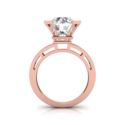 Round cut lab grown diamond engagement ring featuring a four-prong setting with round accent diamonds and a geometric rose gold style openwork band.