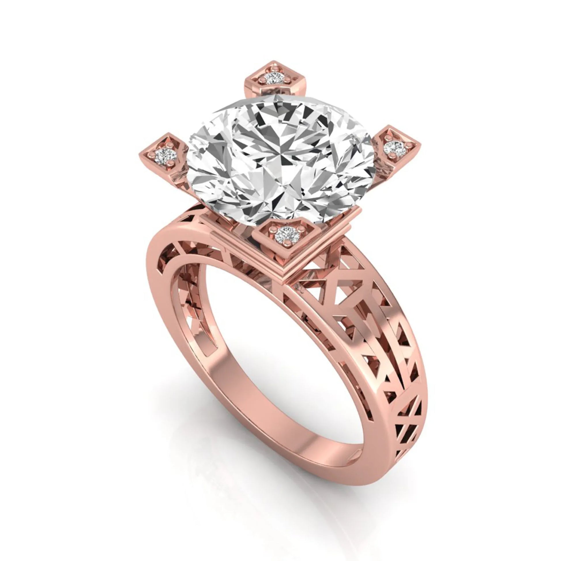 Round cut lab grown diamond engagement ring featuring a four-prong setting with round accent diamonds and a geometric rose gold style openwork band.