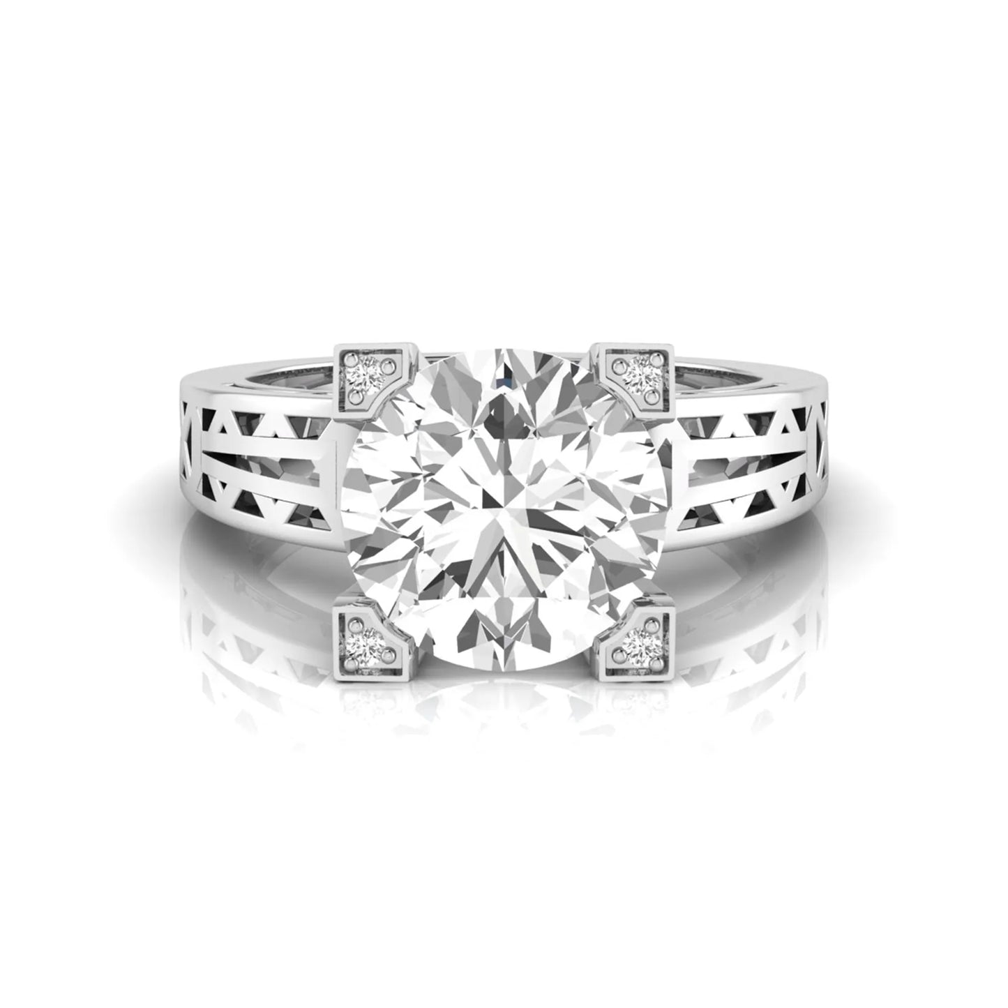 Round cut lab grown diamond engagement ring featuring a four-prong setting with round accent diamonds and a geometric white gold style openwork band.