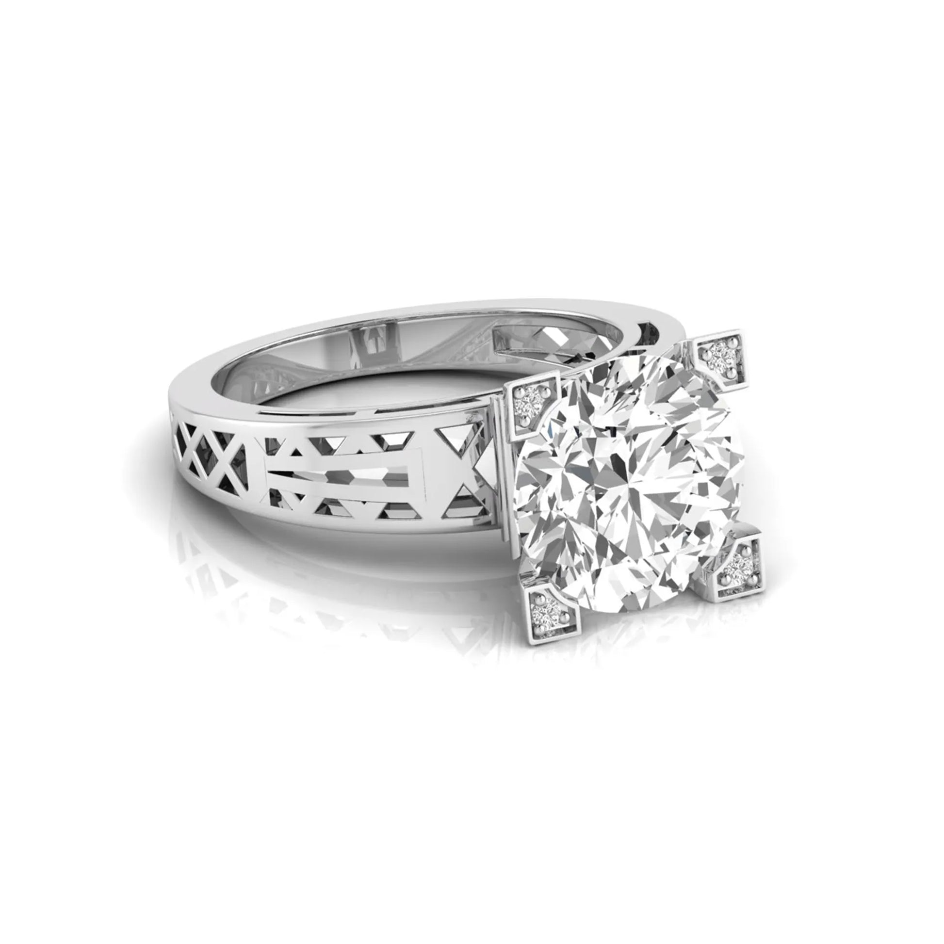 Round cut lab grown diamond engagement ring featuring a four-prong setting with round accent diamonds and a geometric white gold style openwork band.
