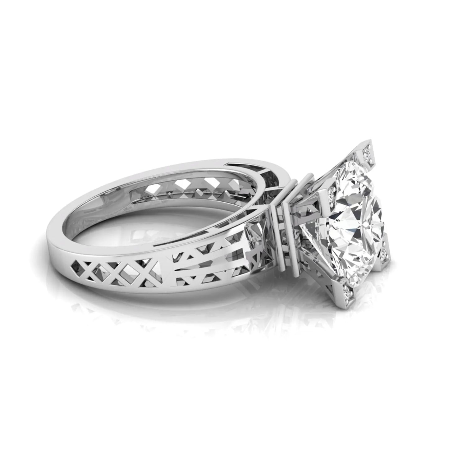 Round cut lab grown diamond engagement ring featuring a four-prong setting with round accent diamonds and a geometric white gold style openwork band.